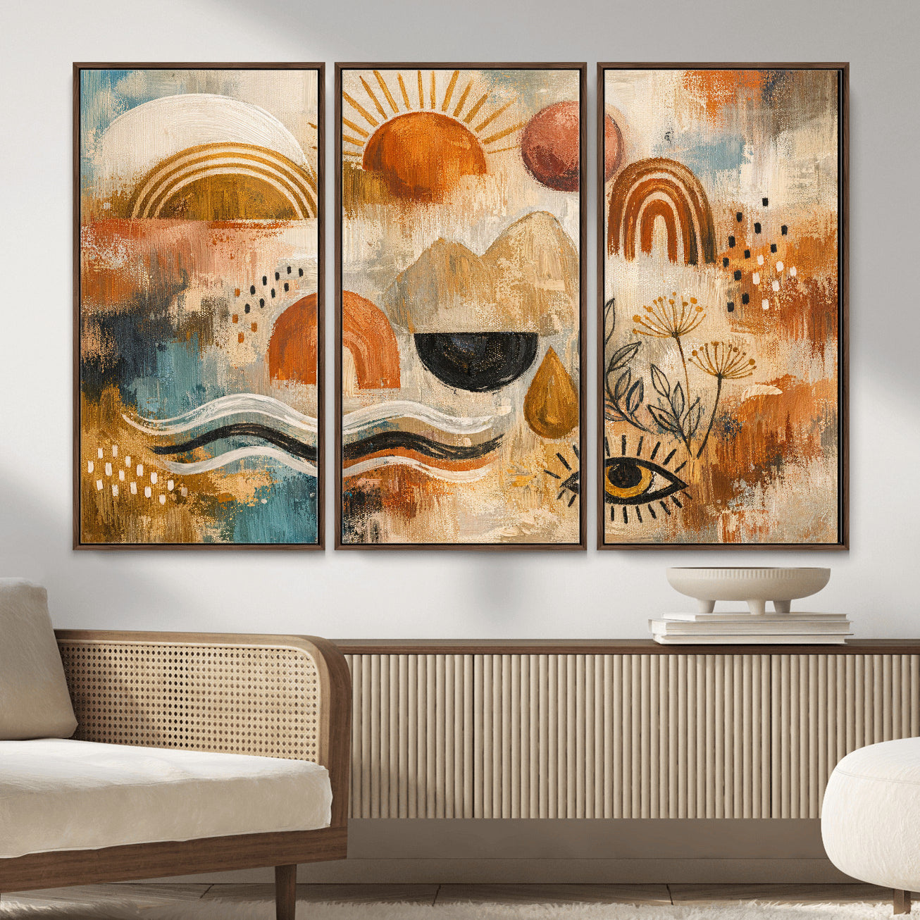 52155239-MGV-CV-36X24 - Geometric Boho Abstract Wall Art Canvas Print, Orange Blue Abstract Expressionist Painting Print, Modern Geometric Abstract Canvas Art