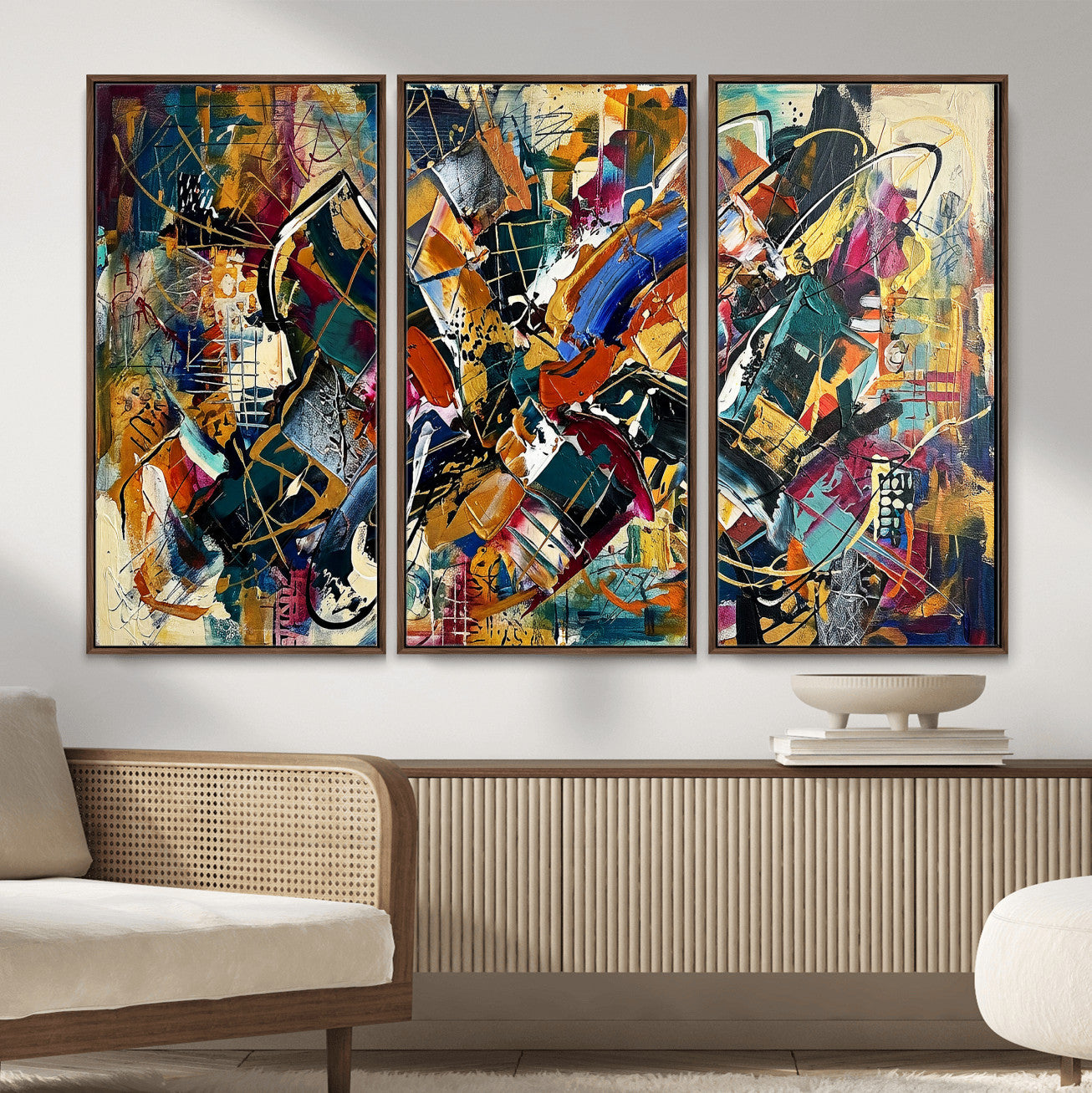 15525527-MGV-CV-36X24 - Geometric Abstract Wall Art Canvas Print, Orange Blue Abstract Expressionist Painting Print, Modern Geometric Abstract Canvas Art