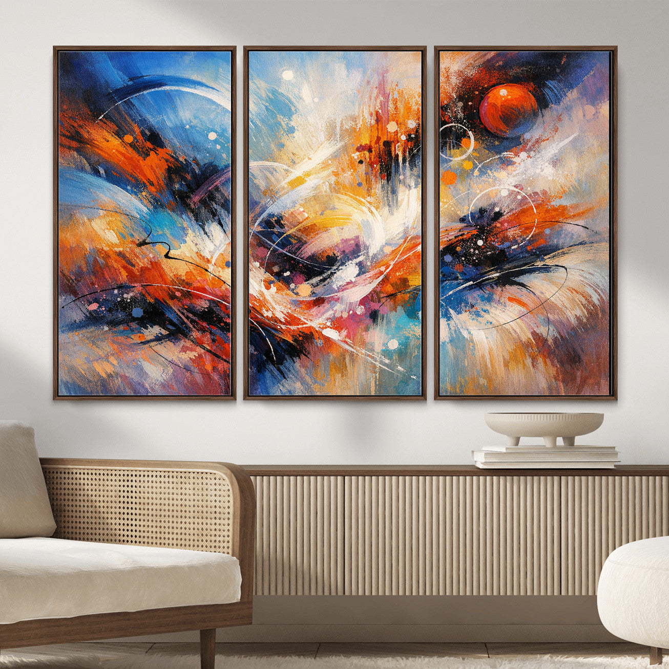 47770355-MGV-CV-36X24 - Geometric Abstract Wall Art Canvas Print, Orange Blue Abstract Expressionist Painting Print, Modern Geometric Abstract Canvas Art