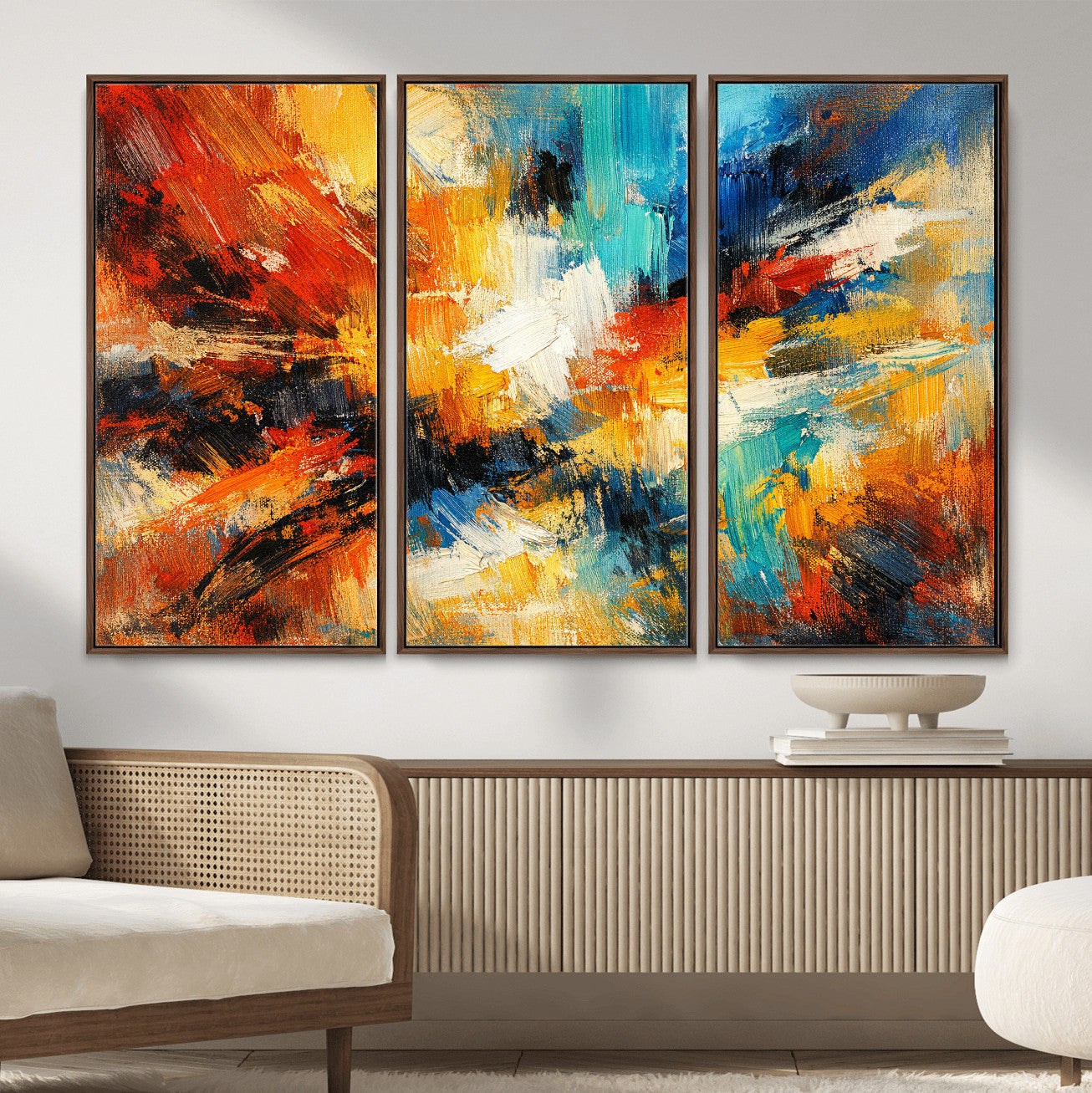 93167583-MGV-CV-36X24 - Geometric Abstract Wall Art Canvas Print, Orange Blue Abstract Expressionist Painting Print, Modern Geometric Abstract Canvas Art