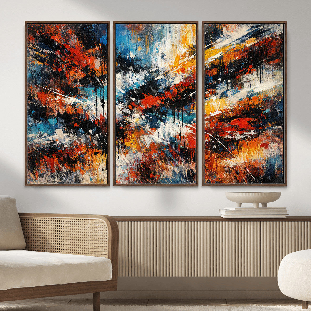 80276069-MGV-CV-36X24 - Geometric Abstract Wall Art Canvas Print, Orange Blue Abstract Expressionist Painting Print, Modern Geometric Abstract Canvas Art