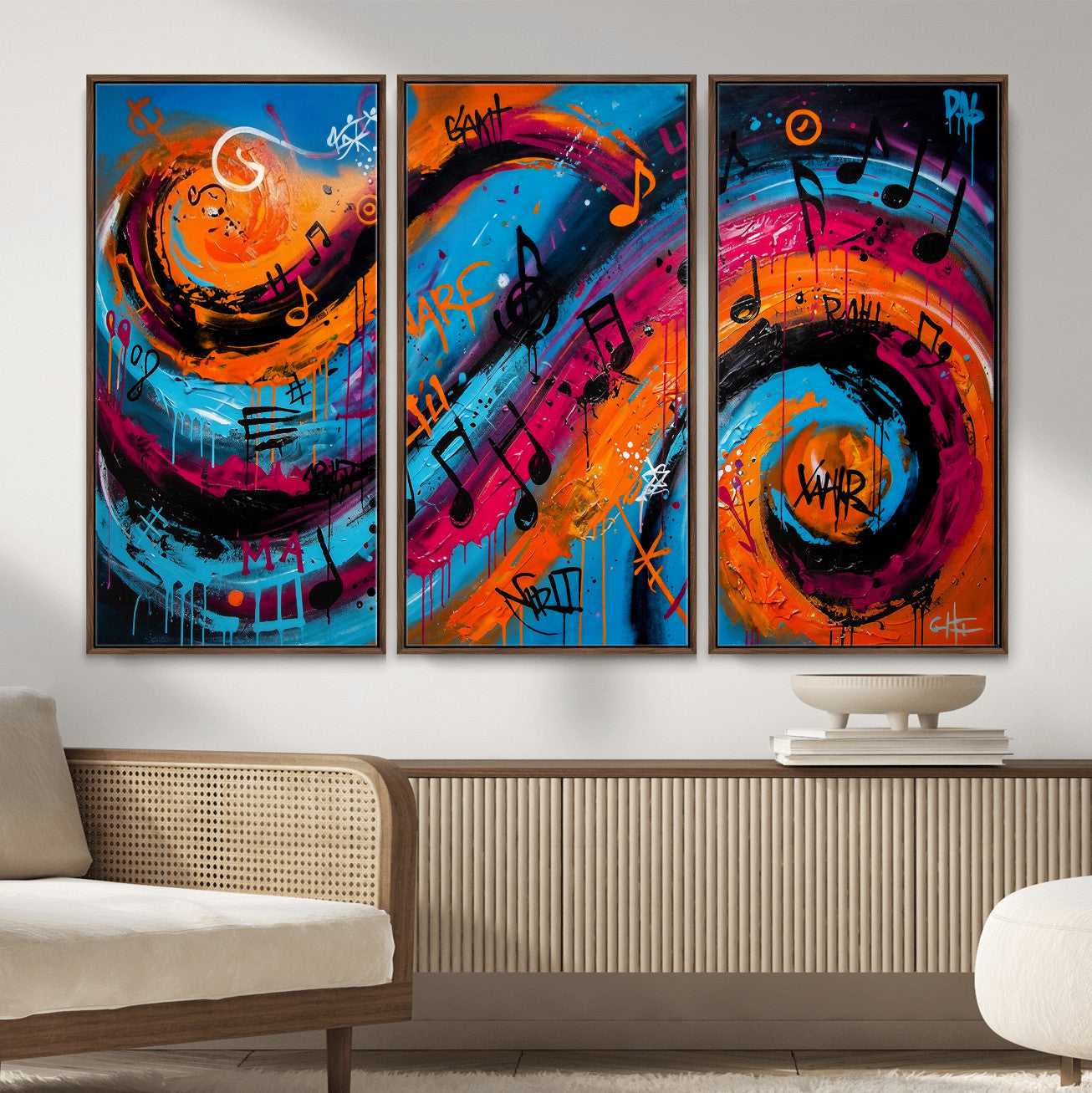 34936518-MGV-CV-36X24 - Geometric Abstract Wall Art Canvas Print, Orange Blue Abstract Expressionist Painting Print, Modern Geometric Abstract Canvas Art