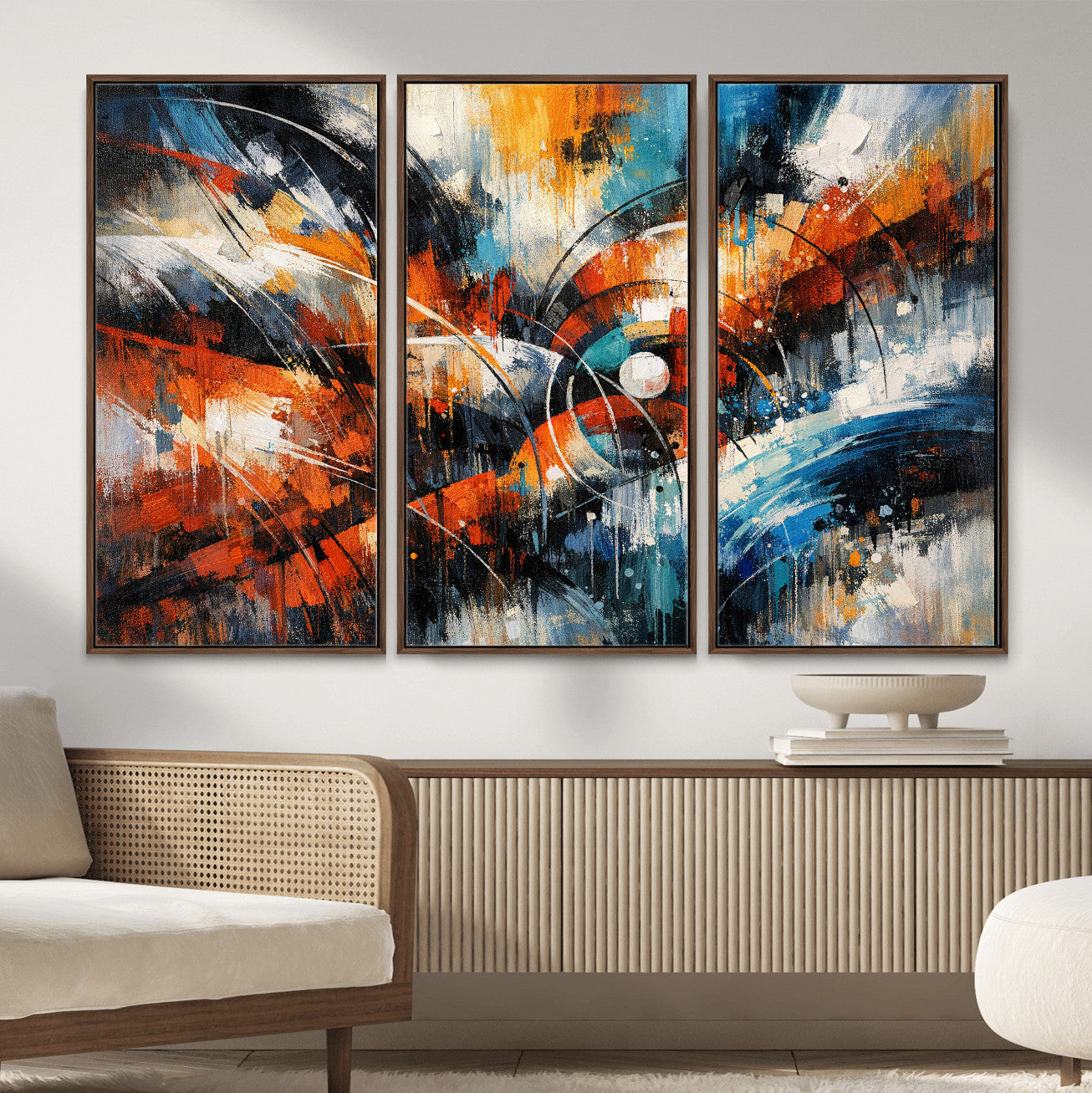 47120691-MGV-CV-36X24 - Geometric Abstract Wall Art Canvas Print, Orange Blue Abstract Expressionist Painting Print, Modern Geometric Abstract Canvas Art