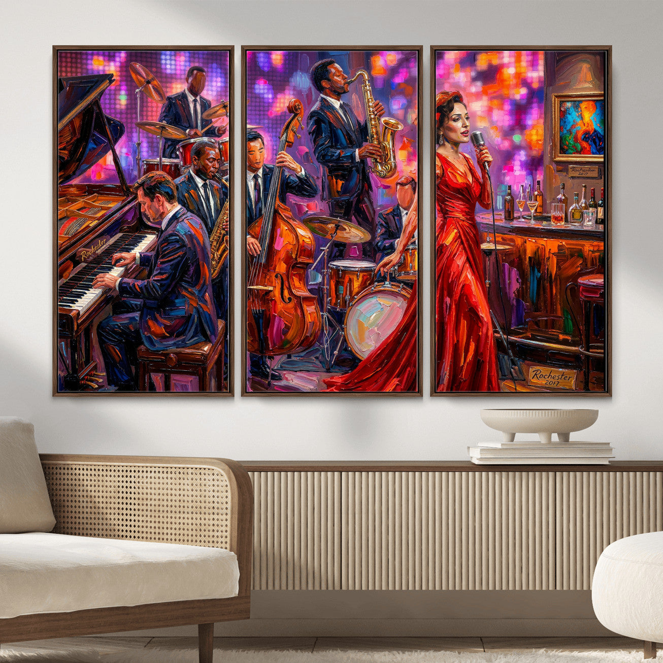 620930J20-MGV-CV-36X24 - Jazz Band Canvas Wall Art — Jazz Club Singer Saxophone Print | Music Wall Decor | Bar Restaurant Art | Music Lover Gift | Jazz Home Decor