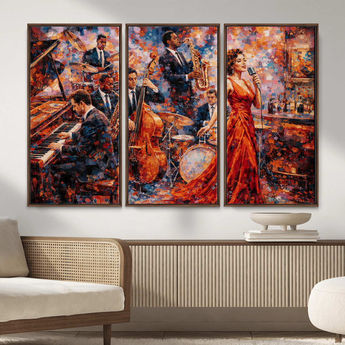 620930SF20-MGV-CV-36X24 - Jazz Band Canvas Wall Art — Jazz Club Singer Saxophone Print | Music Wall Decor | Bar Restaurant Art | Music Lover Gift | Jazz Home Decor