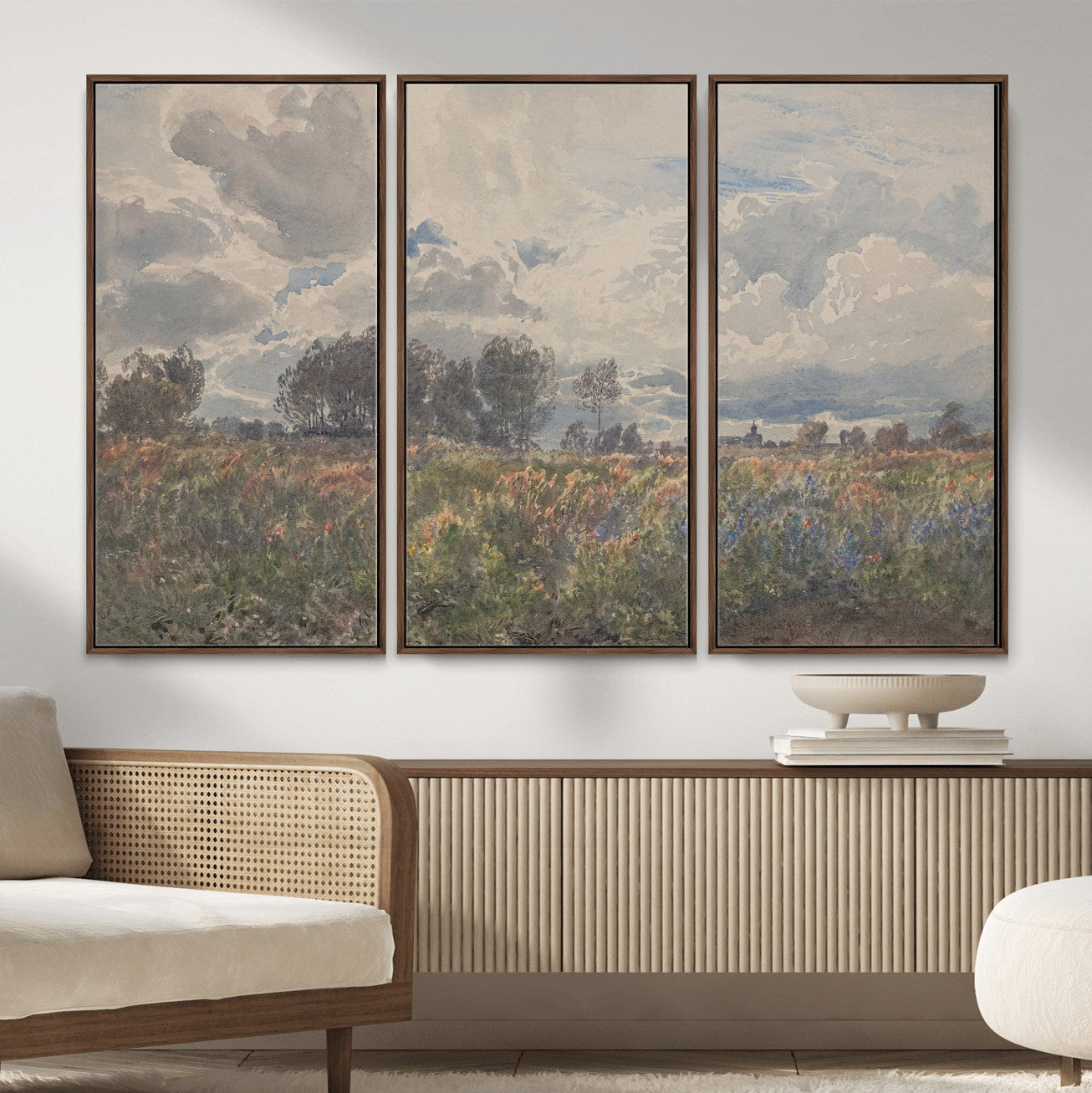 76626885-MGV-CV-36X24 - Vintage Watercolor Meadow Canvas Wall Art — English Pastoral Wildflower Storm Sky Print | Cottagecore Nature Decor | Classic Landscape Gift