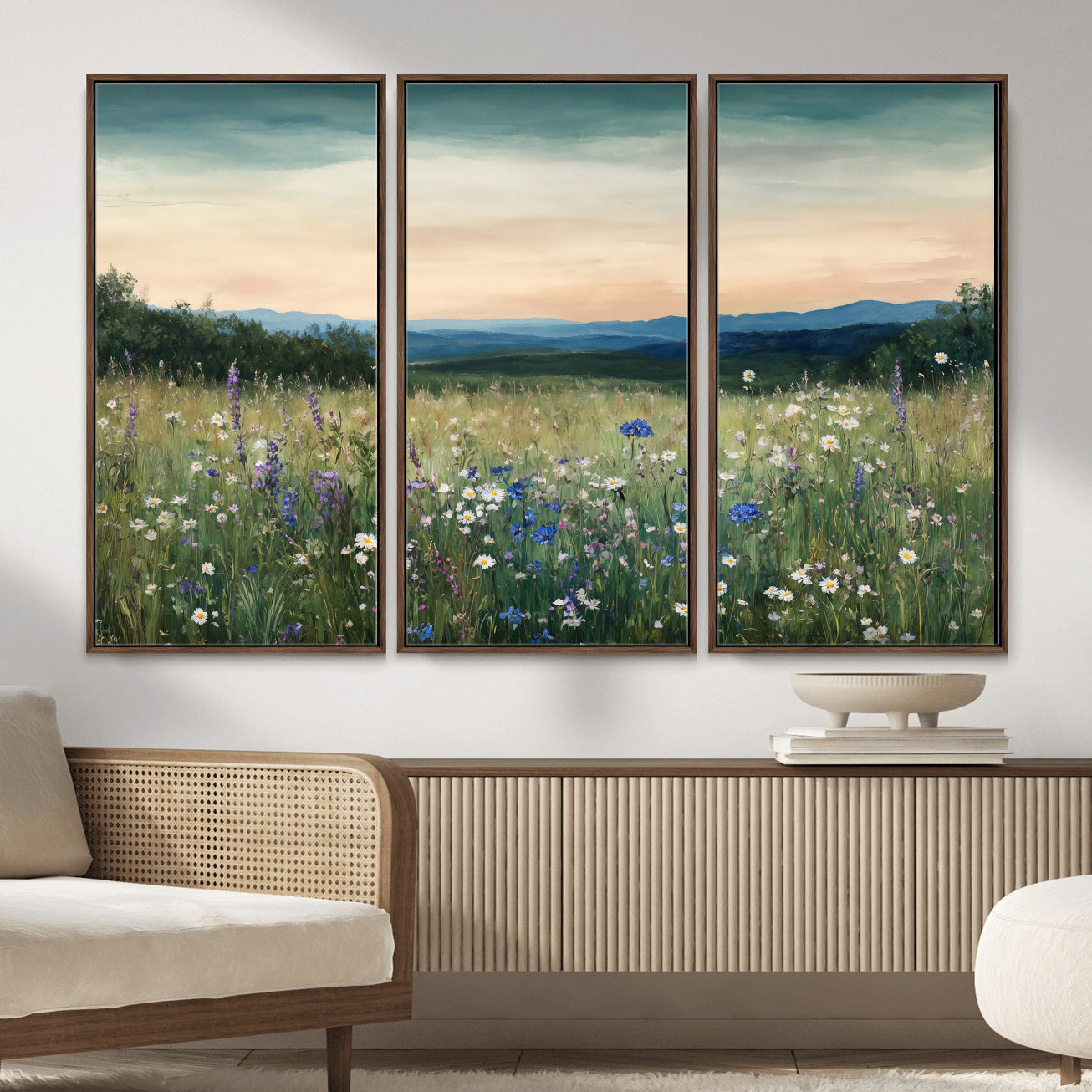 35773805-MGV-CV-36X24 - Wildflower Meadow Oil Painting Canvas Print - Daisy Lavender Mountain Sunset Print | Cottagecore Floral Wall Art - Bedroom Decor Gift for Her