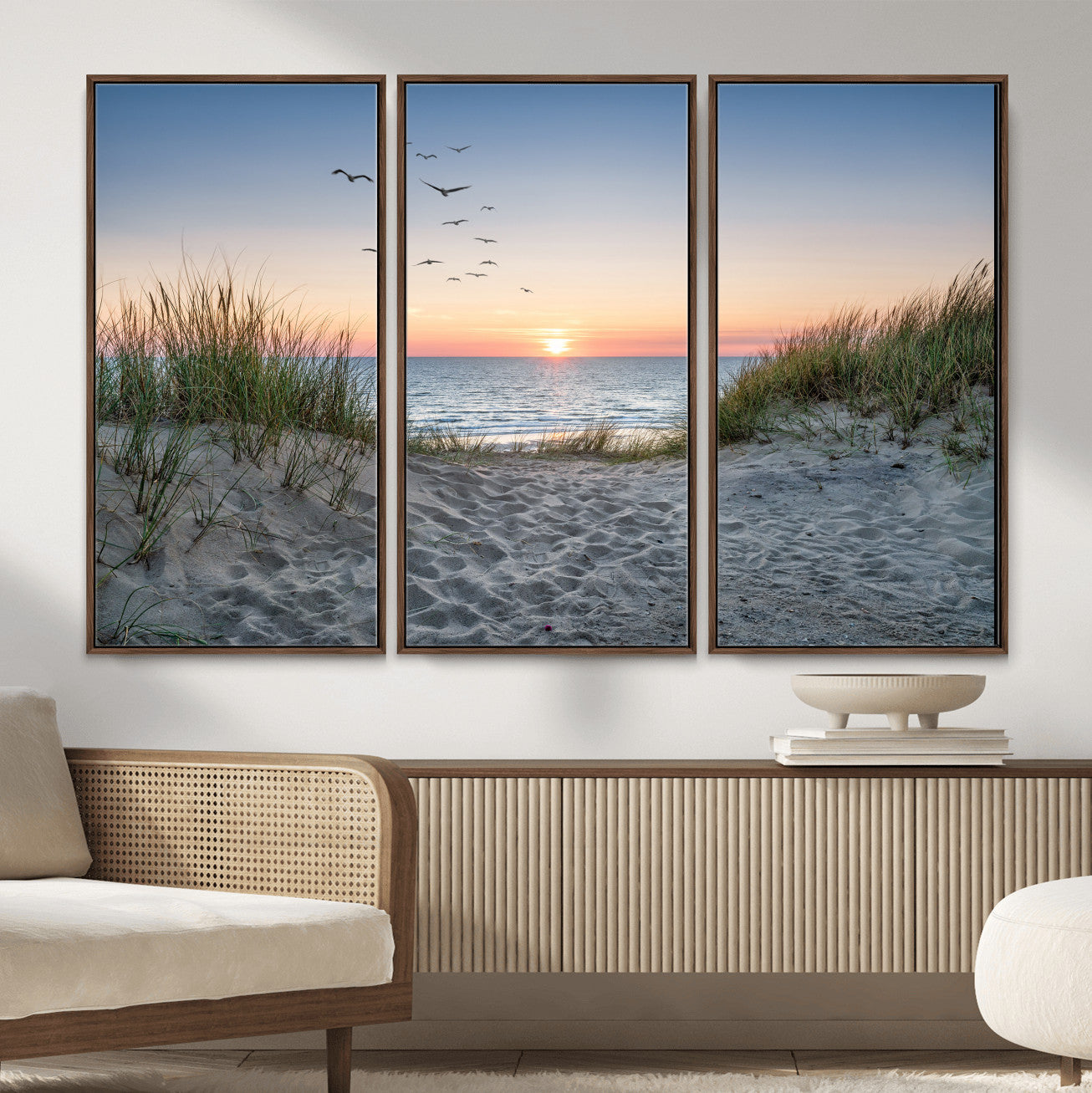 12172032-MGV-CV-36X24 - Sandy Dune Path Sunset Canvas Wall Art — Seagulls Beach Ocean Photography Print | Coastal Home Decor | Nautical Wall Art | Beach House Gift