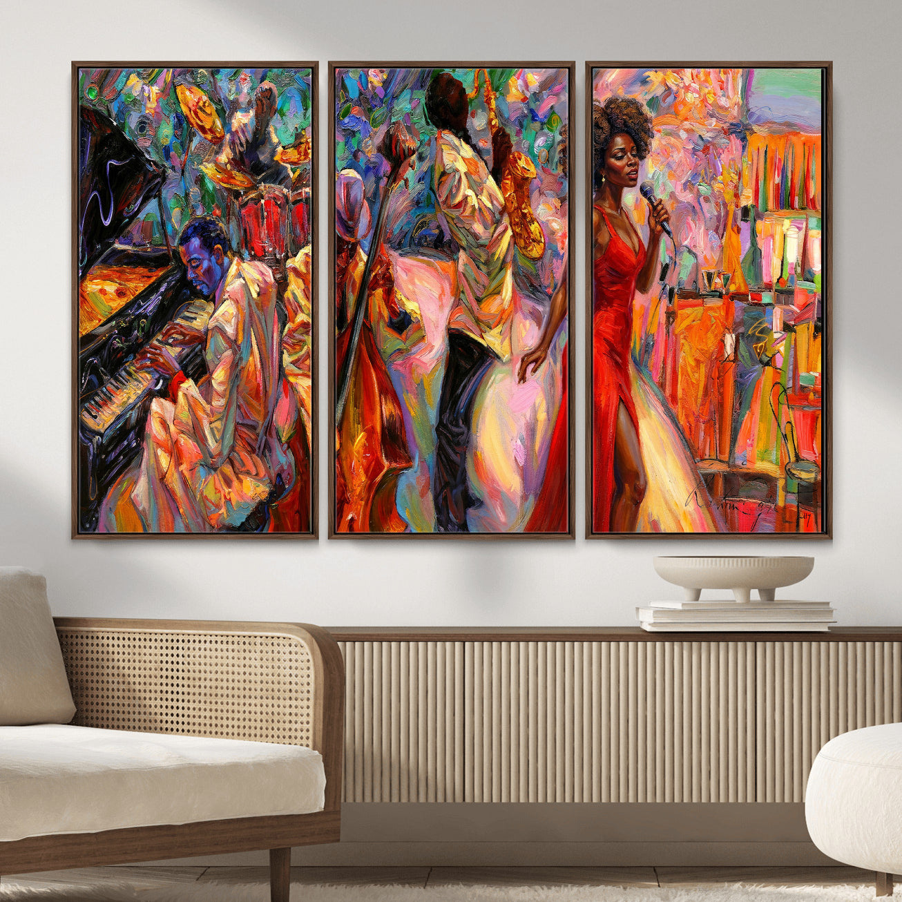 72615137-MGV-CV-36X24 - African American Jazz Singer Canvas Art - Red Dress Black Woman Music Print | Colorful Jazz Band Wall Decor | Living Room Gift for Her