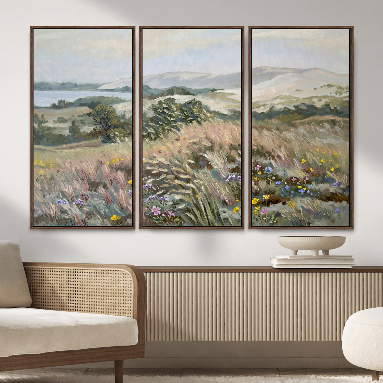 18013232-MGV-CV-36X24 - Katie Staples Hillside Canvas Wall Art — Coastal Wildflower Dune Oil Painting Print | Muted Green Nature Decor | Plein Air Landscape Gift