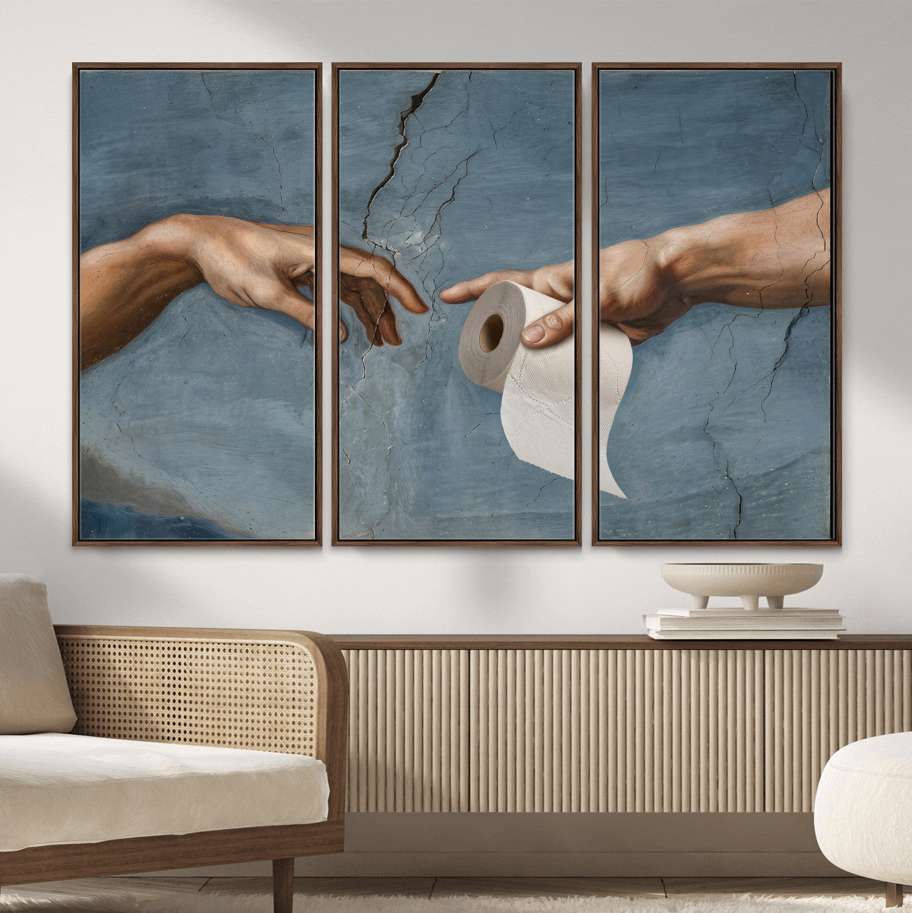 42648143-MGV-CV-36X24 - Funny Bathroom Canvas Wall Art, Michelangelo Creation of Adam Toilet Paper Parody, Renaissance Humor Print, Quirky Housewarming Gift, Toilet Room Decor