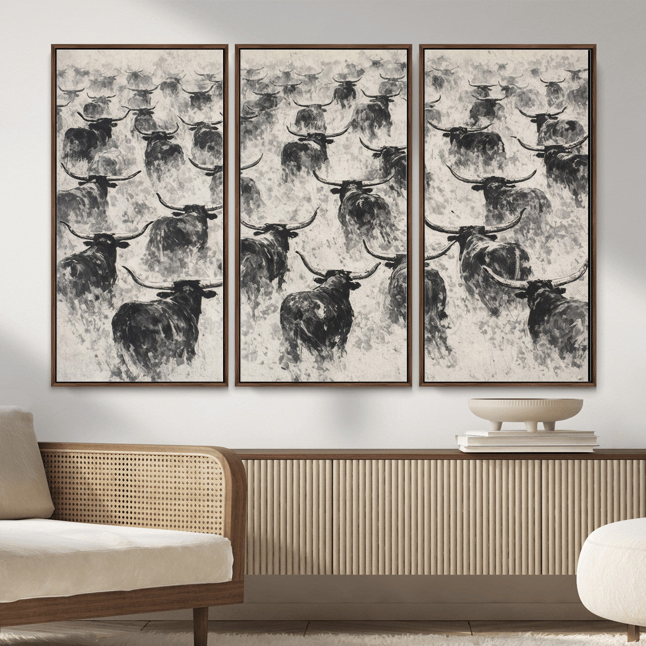 73328525-MGV-CV-36X24 - Texas Longhorn Drawing Canvas Wall Art, Western Cattle Stampede Painting Print, Warm Amber Ranch Decor, Rustic Cowboy Home Art, Large Living Room Decor