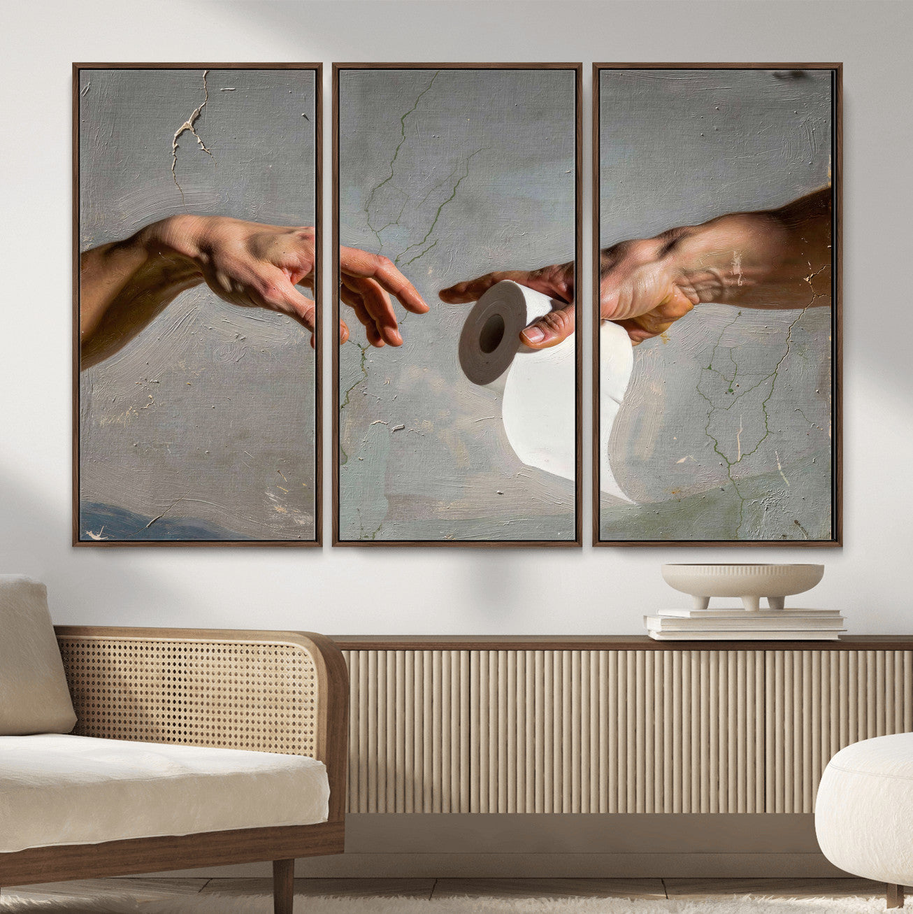 72030048-MGV-CV-36X24 - Funny Bathroom Wall Art Canvas, Creation of Toilet Paper Parody Print, Renaissance Humor Decor, Toilet Room Art, Quirky Housewarming Gift, Classic Art Spoof