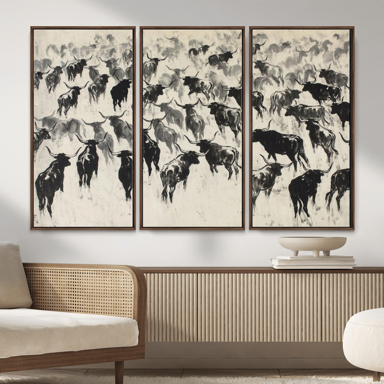 68669792-MGV-CV-36X24 - Longhorn Cattle Canvas Wall Art, Black White Stampede Ink Painting Print, Western Farmhouse Decor, Bull Herd Art, Large Living Room Wall Art, Ranch Home Decor