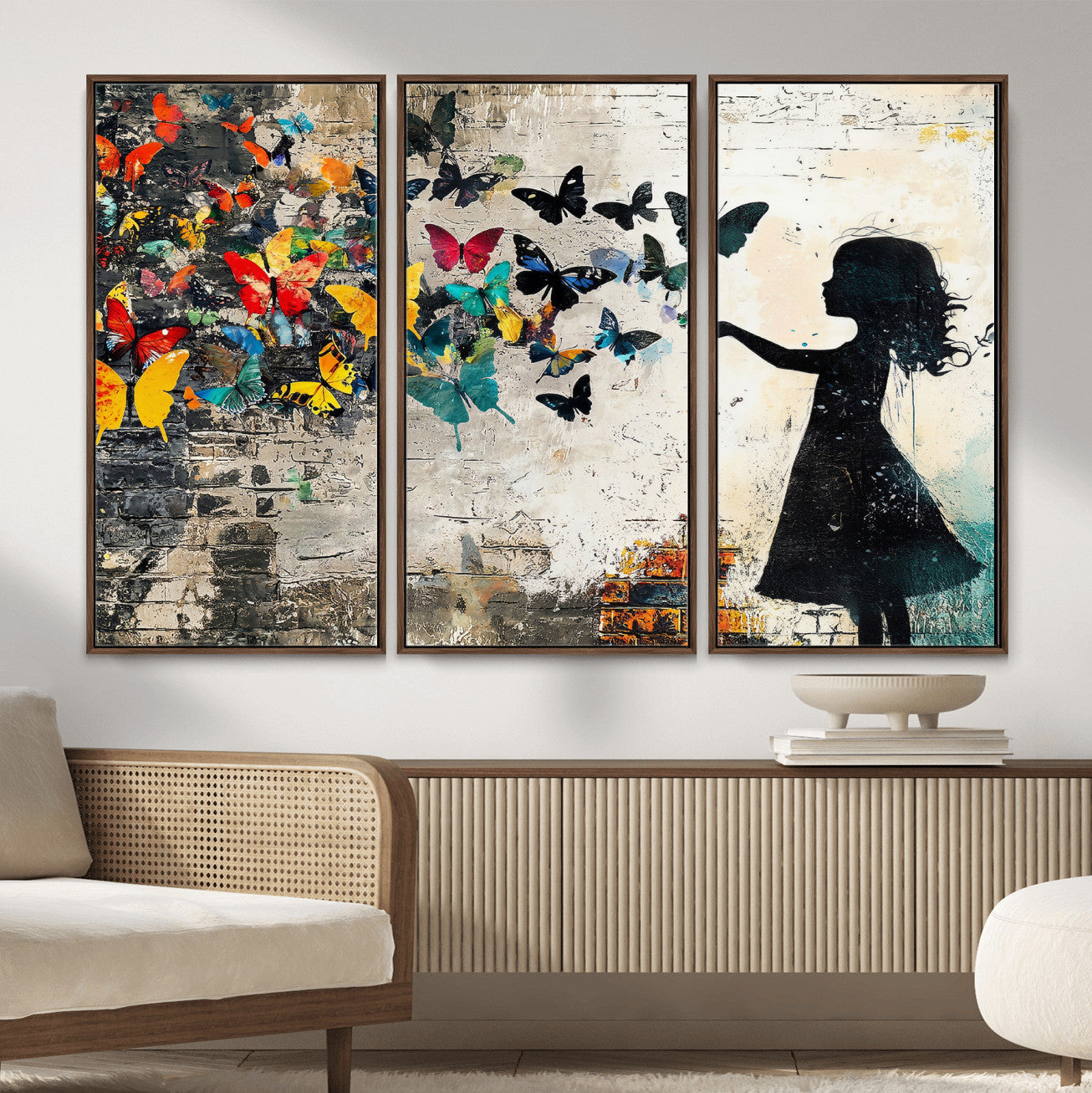 33909022-MGV-CV-36X24 - Banksy Butterfly Girl Wall Art Canvas Print, Framed Street Art Silhouette Graffiti Artwork, Colorful Butterfly Wall Decor for Living Room Bedroom Office