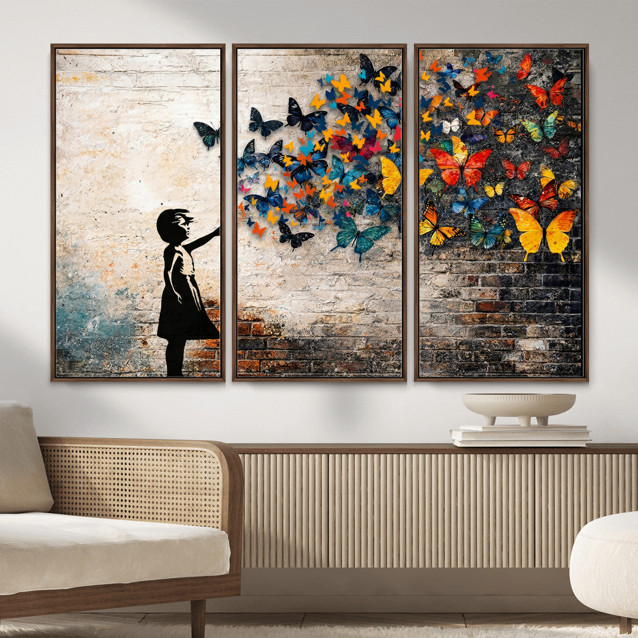 78760384-MGV-CV-36X24 - Banksy Graffiti Butterfly Girl Wall Art Canvas Print, Framed Street Art Canvas Print, Silhouette Butterfly Wall Art for Living Room Bedroom Office