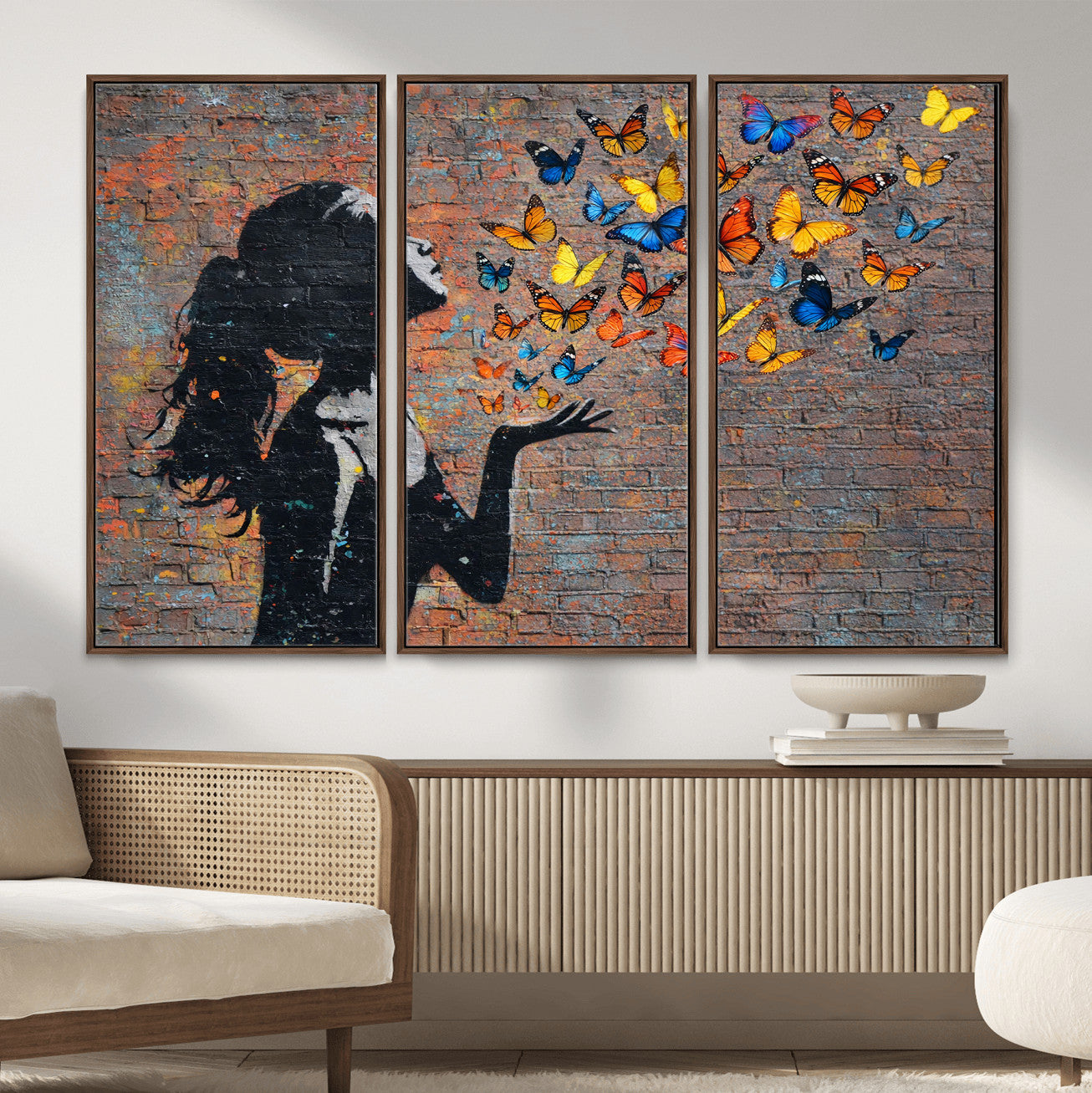 10555939-MGV-CV-36X24 - Urban Banksy Butterfly Girl Wall Art Canvas Print, Framed Street Art Canvas Print, Graffiti Silhouette Butterfly Wall Art for Living Room Bedroom Office