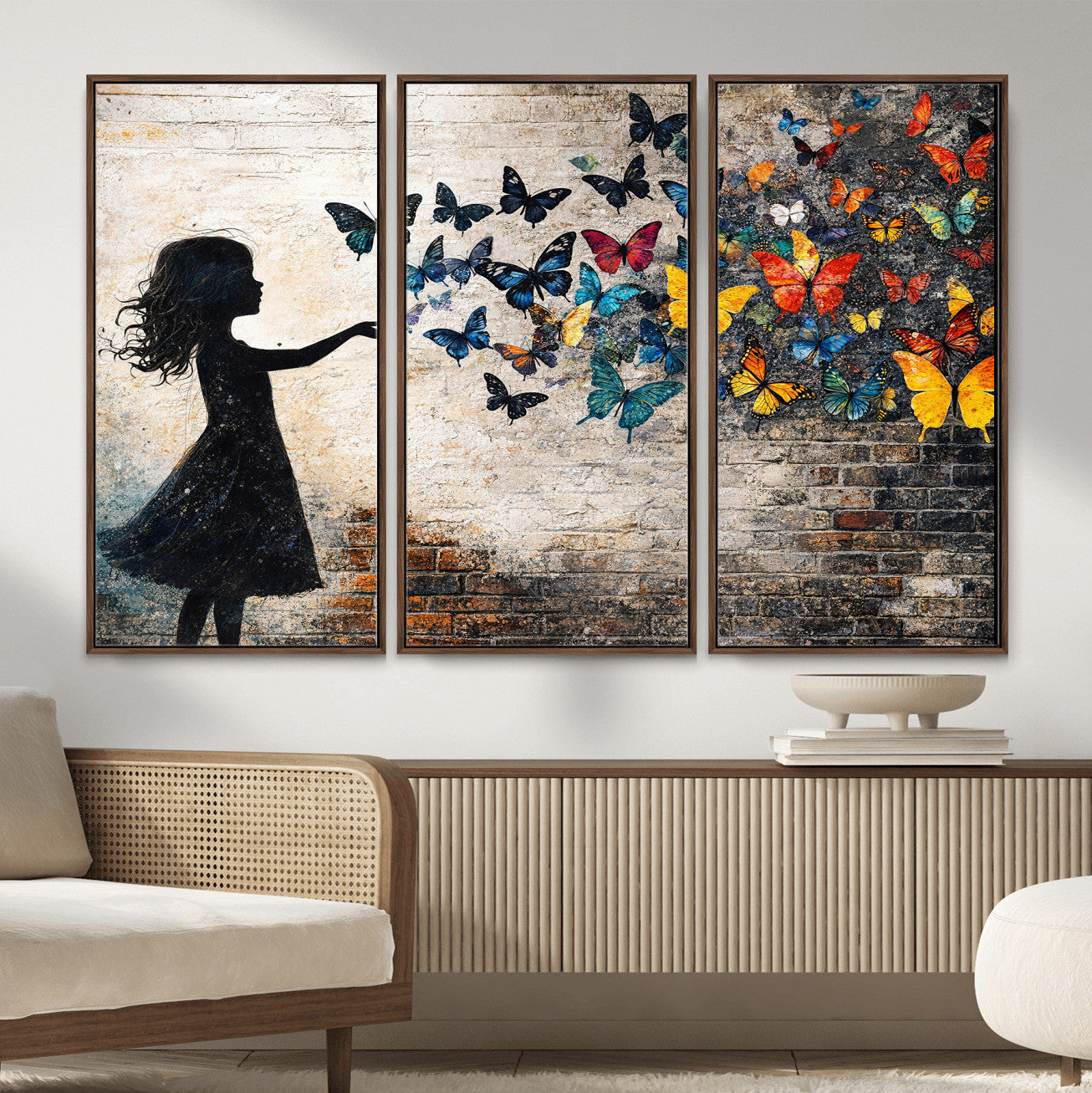70522594-MGV-CV-36X24 - Banksy Butterfly Girl Wall Art Canvas Print, Framed Street Art Canvas Print, Graffiti Silhouette Butterfly Wall Art for Living Room Bedroom Office
