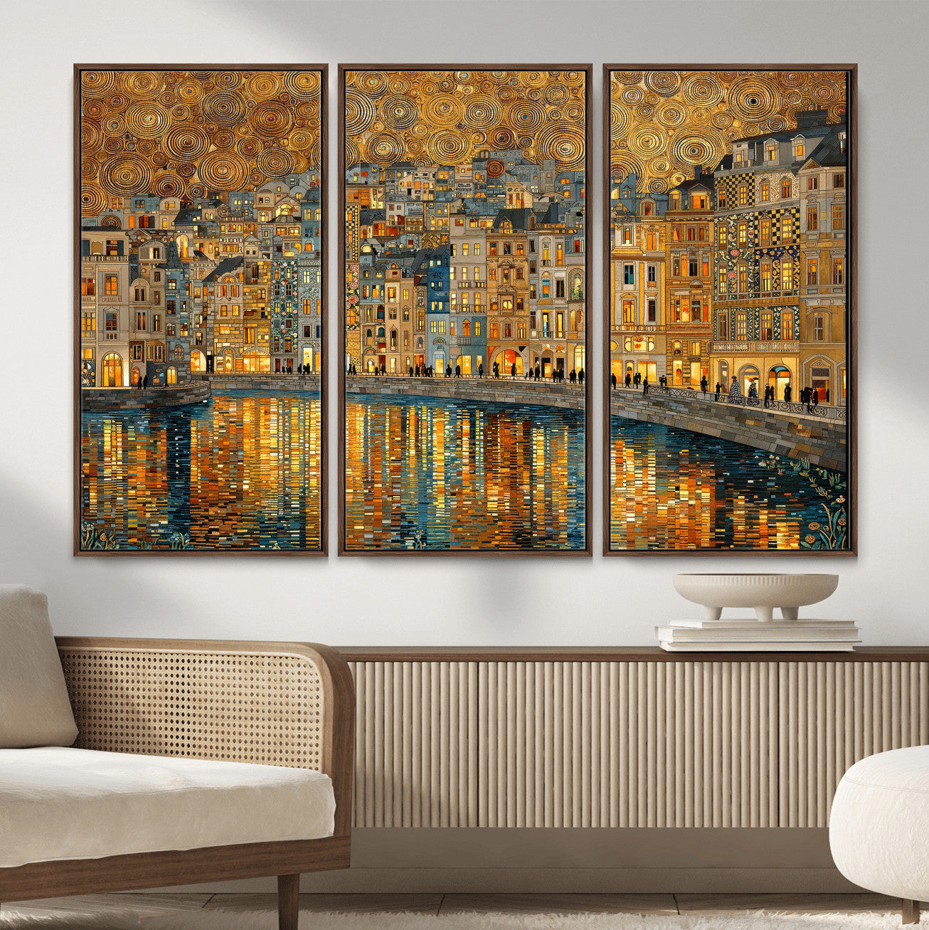 94022787-MGV-CV-36X24 - Gustav Klimt Golden Cityscape Wall Art Canvas Print, Framed River Town Landscape Artwork, Ornate Architecture Wall Decor for Living Room Bedroom Office