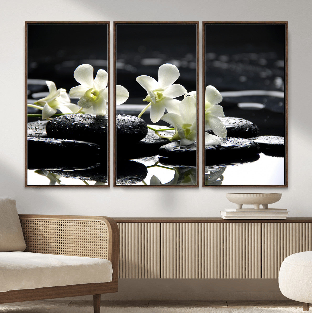 79486206-MGV-CV-36X24 - Plumeria Frangipani Black Stone Canvas | White Flower Spa Photography Print | Tropical Zen Wall Art | Grey Pebble Floral for Meditation Room Decor