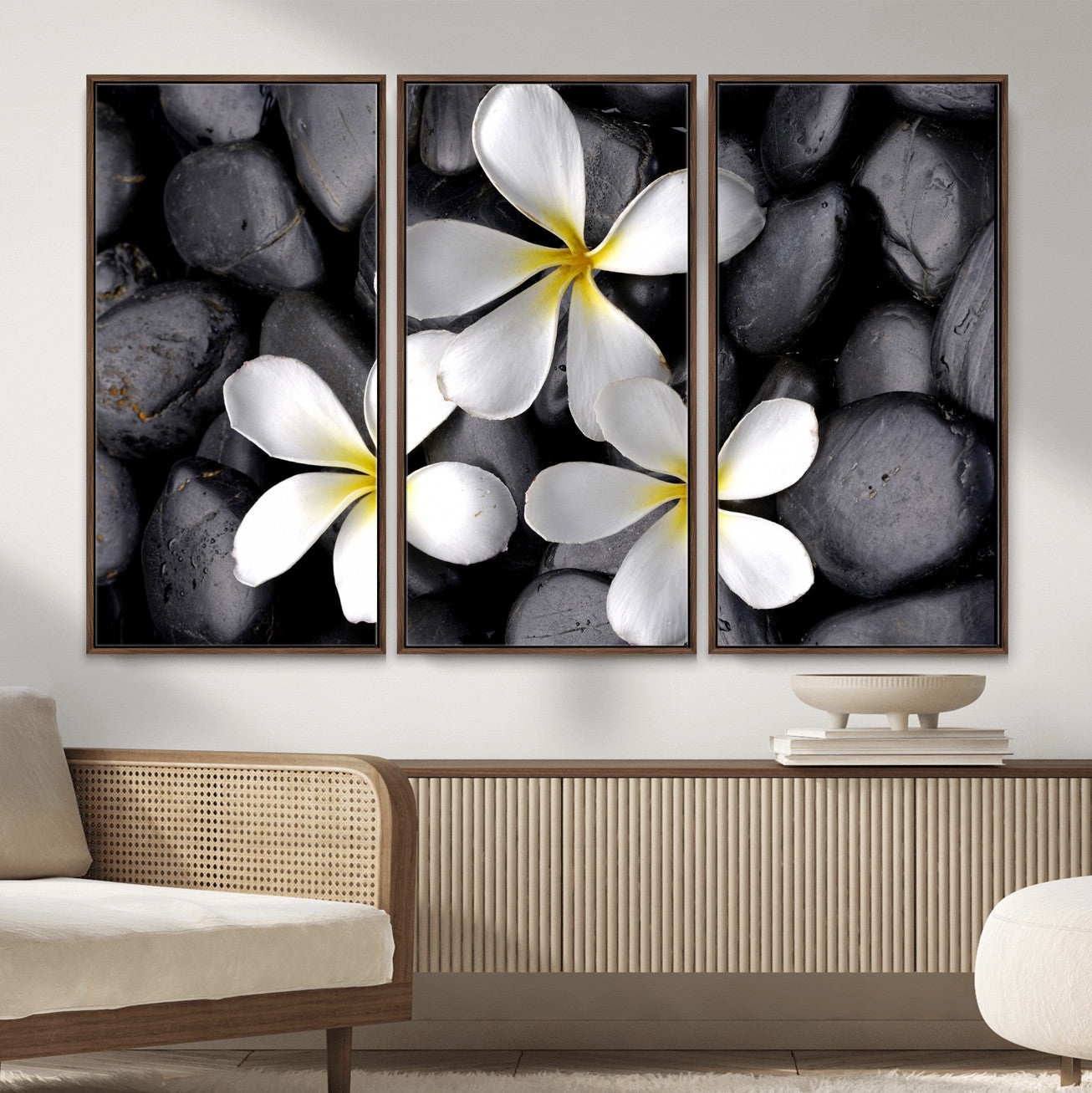 43639613-MGV-CV-36X24 - Plumeria Frangipani Black Stone Canvas | White Flower Spa Photography Print | Tropical Zen Wall Art | Grey Pebble Floral Decor