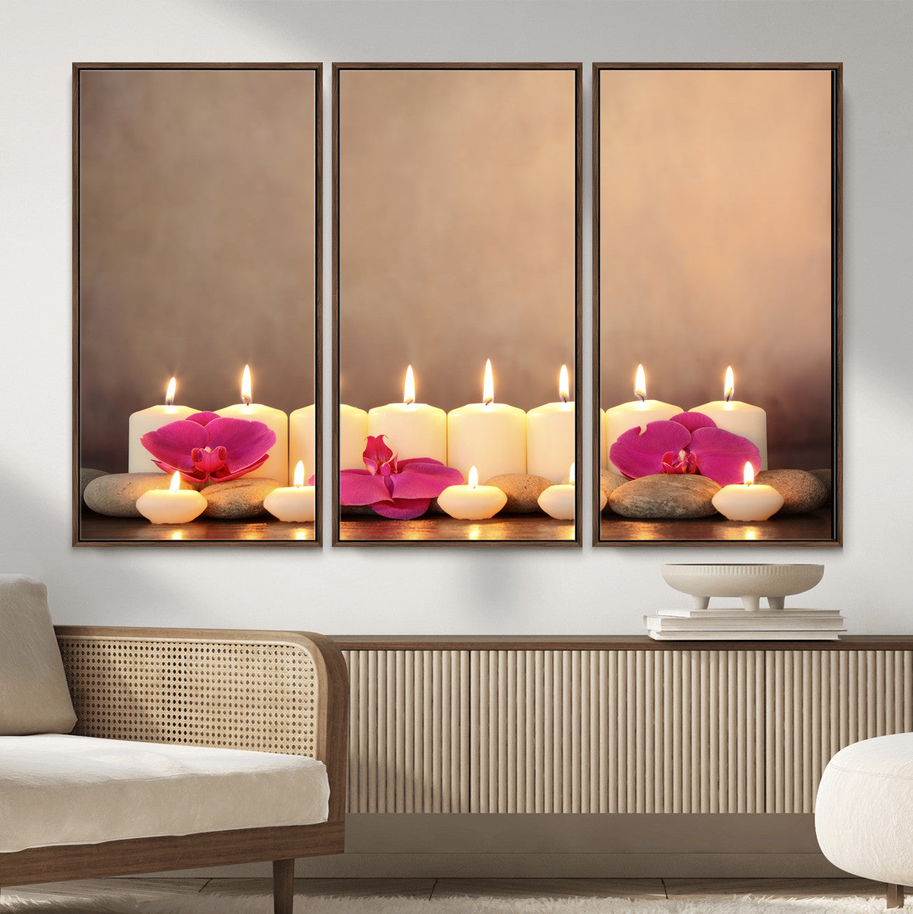 59470569-MGV-CV-36X24 - Spa Candles Orchid Canvas Print | Zen Wellness Relaxation Wall Art | Pink Flower Candlelight Bathroom Decor | Calm Beige Photography