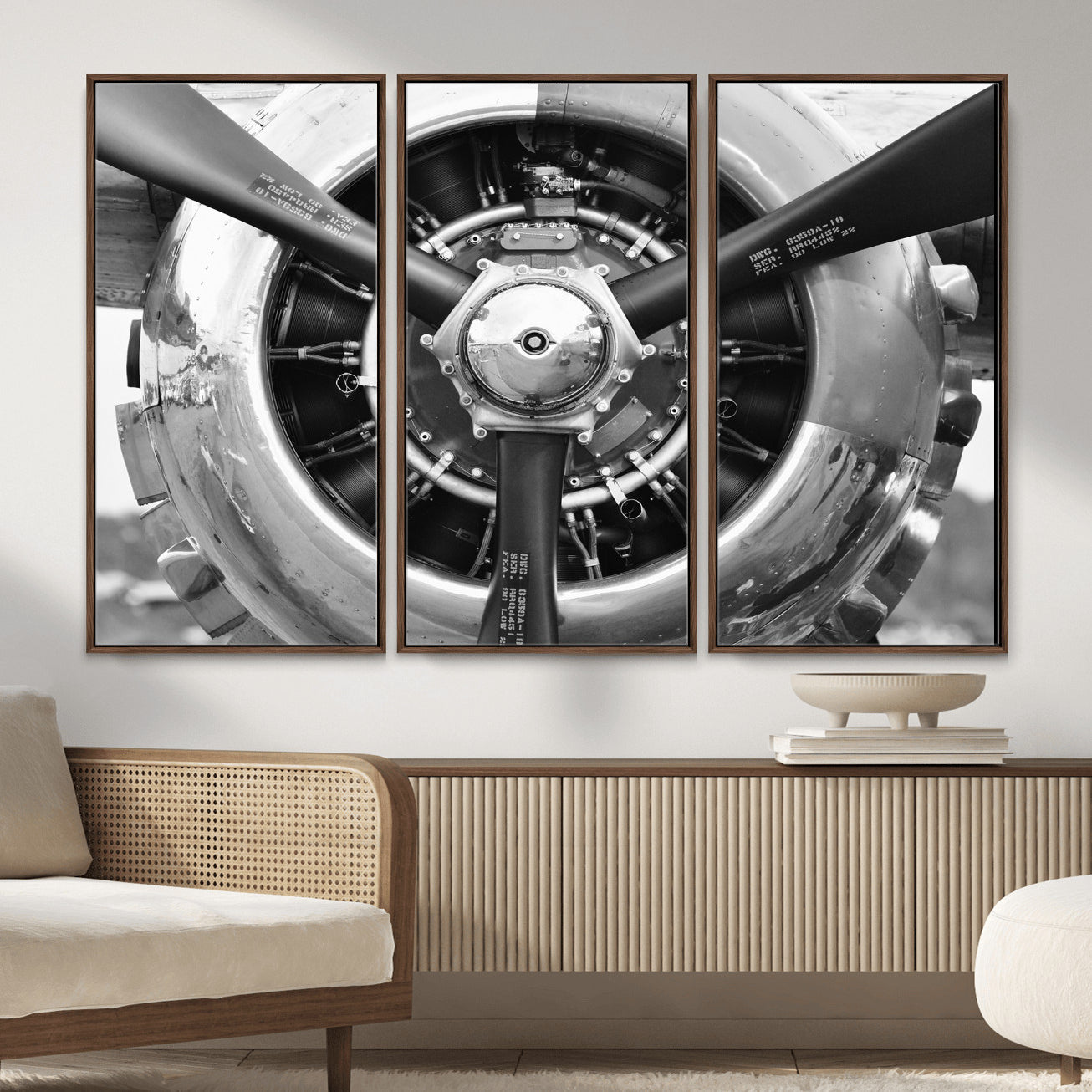 73322230-MGV-CV-36X24 - Vintage Propeller Plane Wall Art Canvas Print, Black and White Airplane Engine Close Up Framed Aviation Artwork for Pilot Office Hangar Decor
