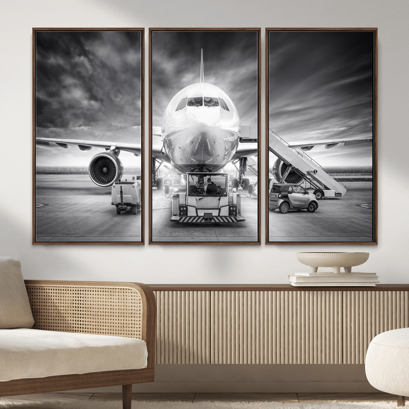 85885848-MGV-CV-36X24 - Airplane Wall Art Canvas Print, Black and White Jet Aircraft Airport Runway Framed Aviation Artwork for Pilot Office Hangar Travel Decor