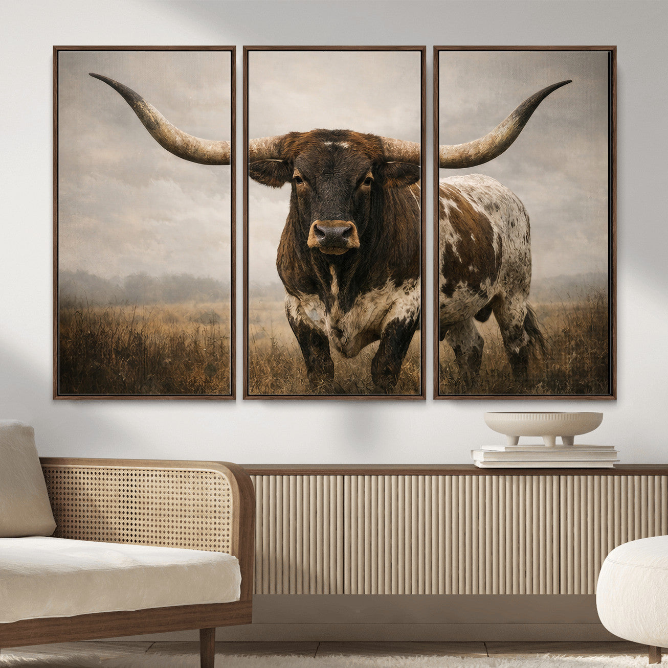 17622011L-MGV-CV-36X24 - Longhorn Bull Wall Art Canvas Print, Western Farmhouse Cowboy Decor, Rustic Texas Ranch Cattle Artwork for Living Room Bedroom Office, Framed Wall Decor