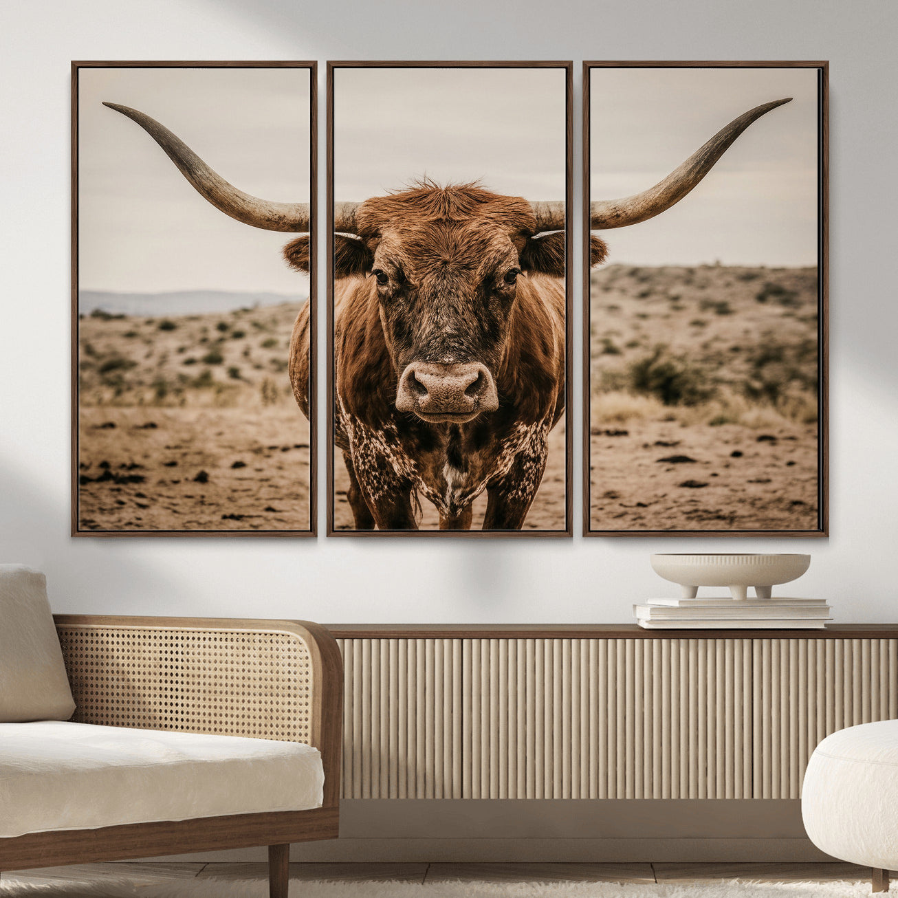 17622011K-MGV-CV-36X24 - Texas Longhorn Bull Wall Art Canvas Print, Western Farmhouse Cowboy Decor, Rustic Texas Ranch Cattle Artwork for Living Room Bedroom Office, Framed Wall Decor