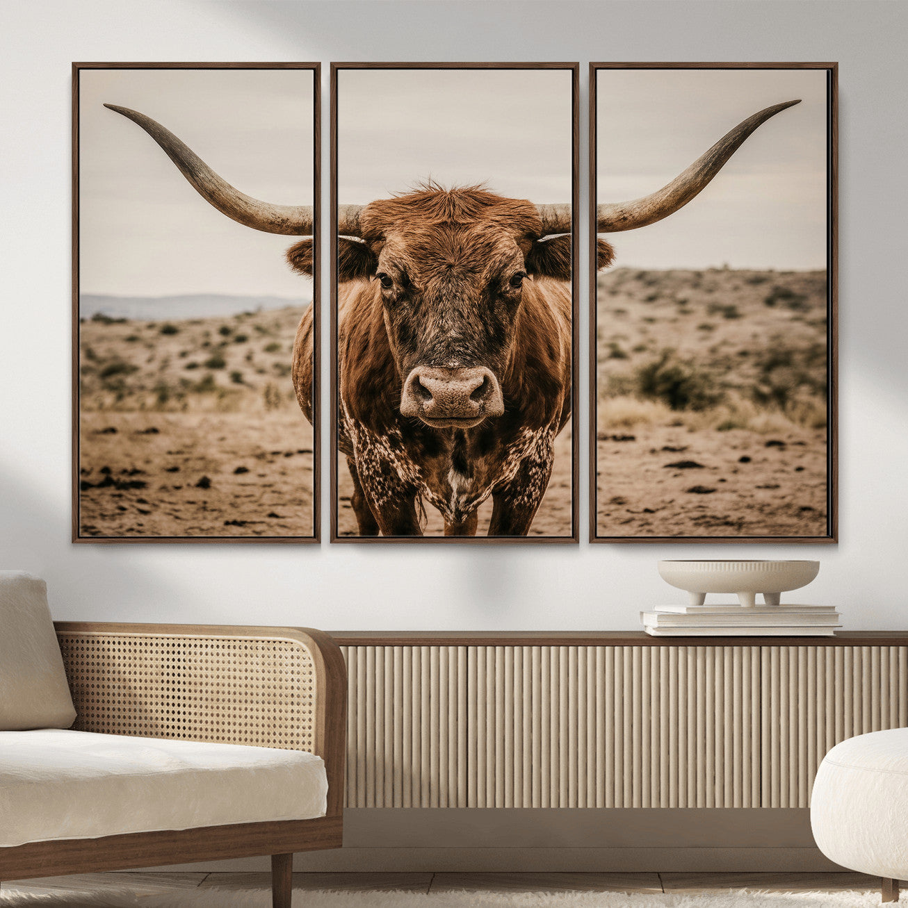 17622011K-MGV-CV-36X24 - Texas Longhorn Bull Wall Art Canvas Print, Western Farmhouse Cowboy Decor, Rustic Texas Ranch Cattle Artwork for Living Room Bedroom Office, Framed Wall Decor