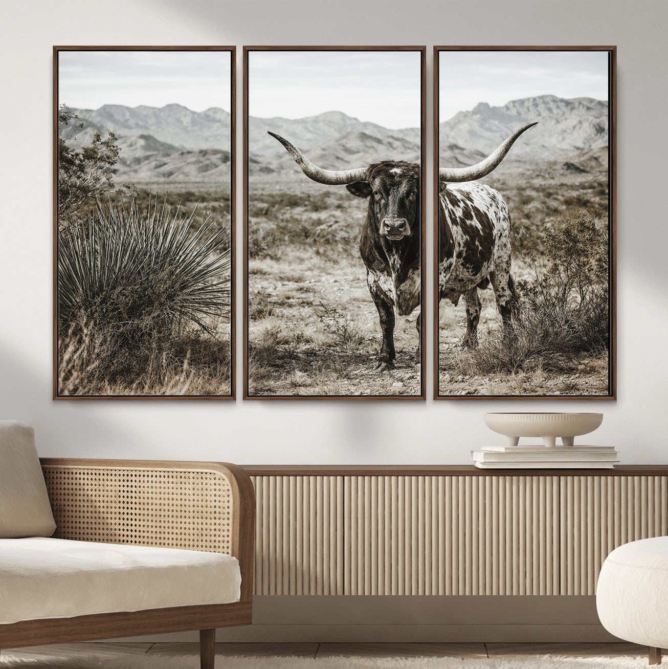 17622011H-MGV-CV-36X24 - Texas Longhorn Bull Wall Art Canvas Print, Western Farmhouse Cowboy Decor, Rustic Texas Ranch Cattle Artwork for Living Room Bedroom Office, Framed Wall Decor