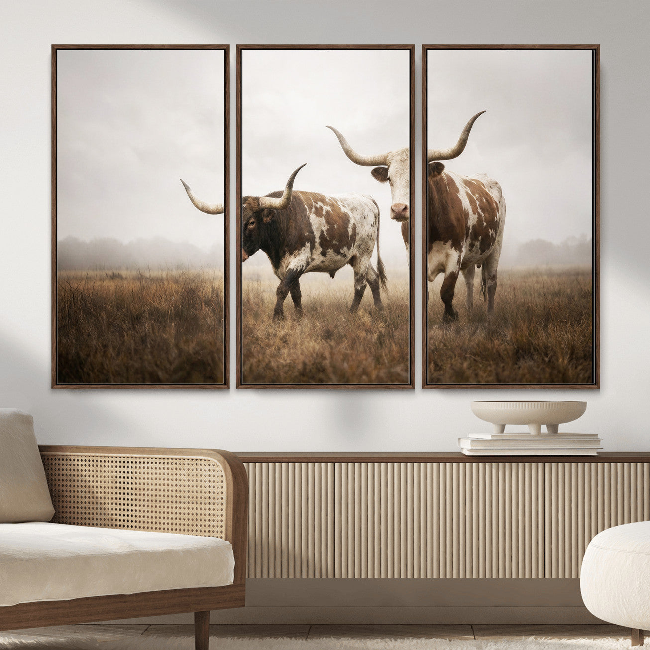 92881702-MGV-CV-36X24 - Texas Longhorn Canvas Wall Art Western Bull Desert Moody Grey Overcast Rustic Farmhouse Framed Large for Living Room Bedroom Office Decor