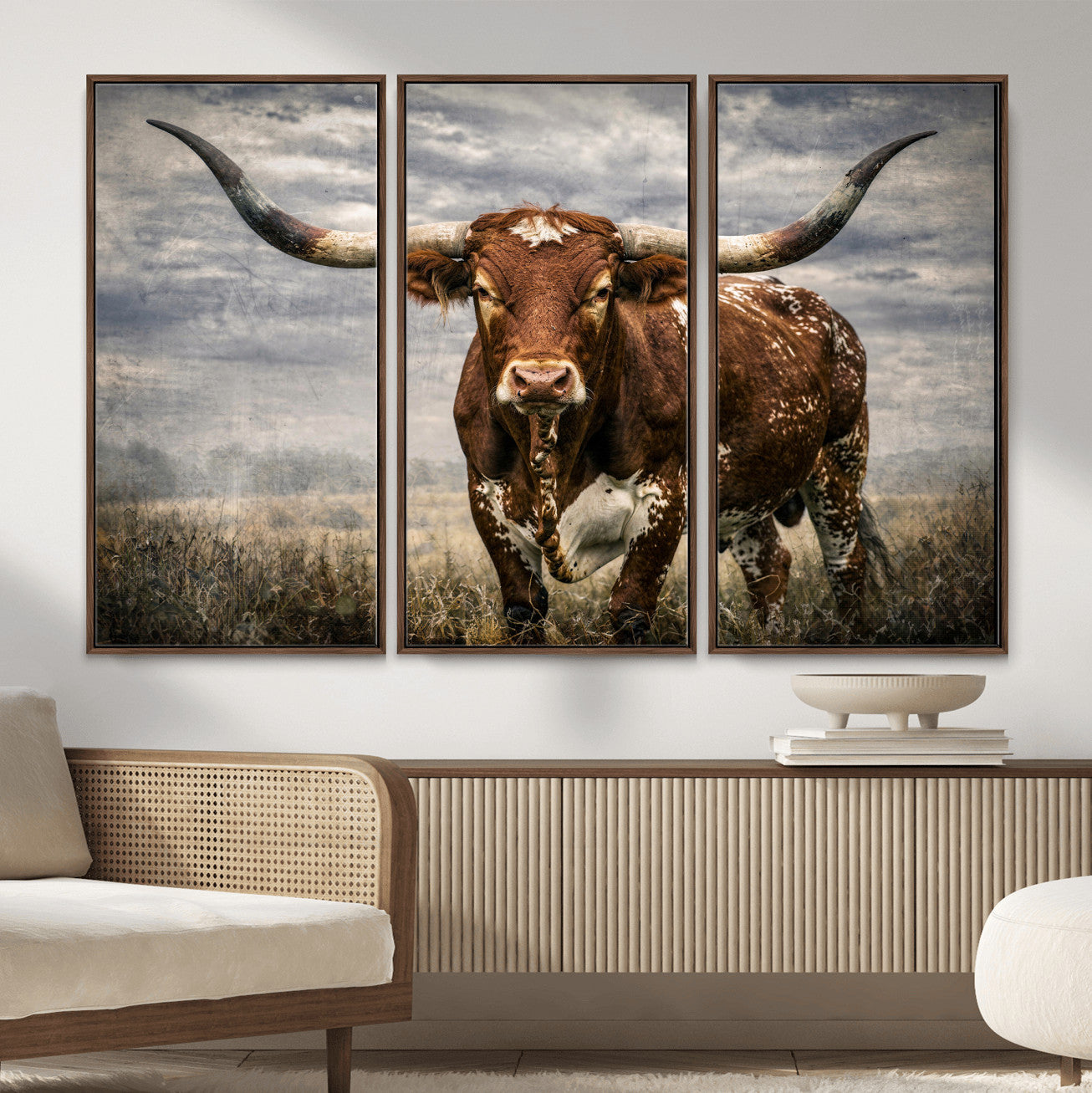 14372769-MGV-CV-36X24 - Texas Longhorn Canvas Wall Art Western Bull Desert Moody Grey Overcast Rustic Farmhouse Framed Large for Living Room Bedroom Office Decor