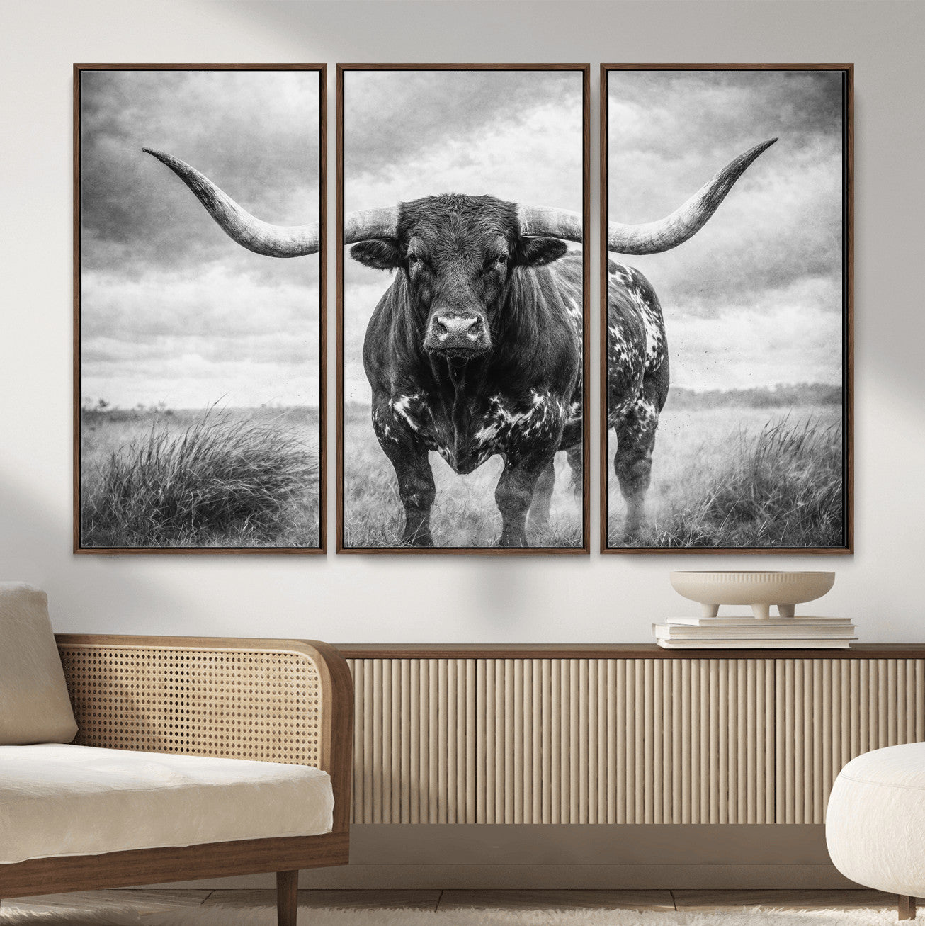 19951238-MGV-CV-36X24 - Texas Longhorn Canvas Wall Art Western Bull Desert Moody Grey Overcast Rustic Farmhouse Framed Large for Living Room Bedroom Office Decor