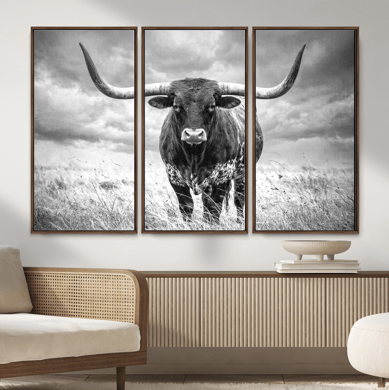 63336115-MGV-CV-36X24 - Texas Longhorn Canvas Wall Art Western Bull Desert Moody Grey Overcast Rustic Farmhouse Framed Large for Living Room Bedroom Office Decor
