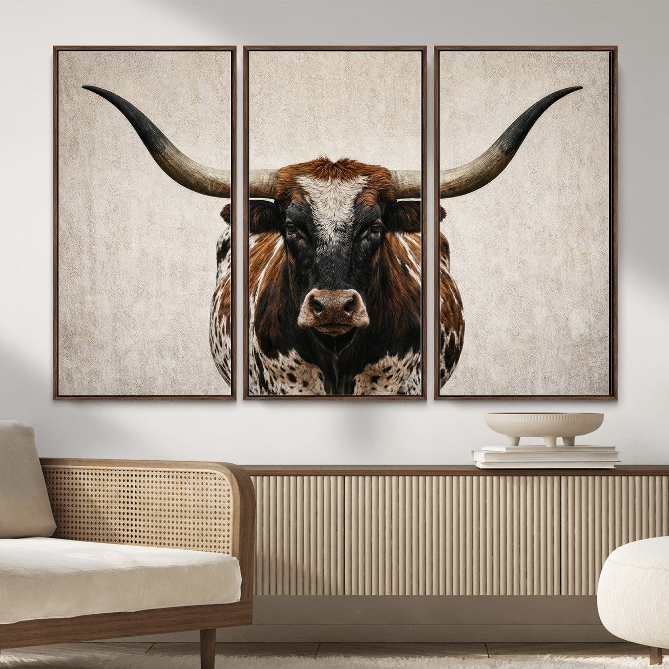 58622065-MGV-CV-36X24 - Texas Longhorn Canvas Wall Art Western Bull Desert Moody Grey Overcast Rustic Farmhouse Framed Large for Living Room Bedroom Office Decor