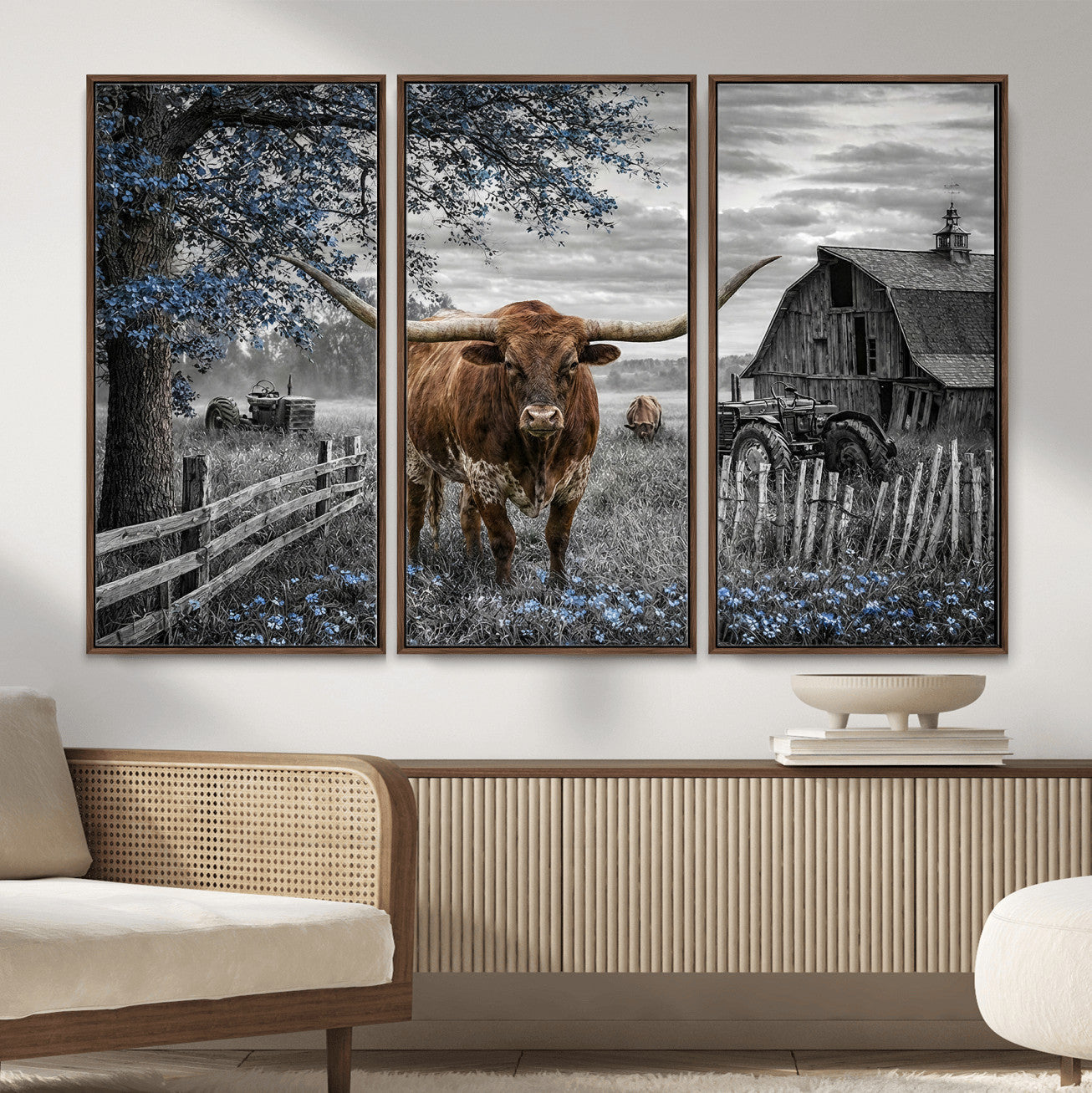 19366343-MGV-CV-36X24 - Texas Longhorn Canvas Wall Art, Rustic Farm Barn Bluebonnet Photography Print, Farmhouse Country Decor, Western Ranch Art, Old Truck Tractor Print