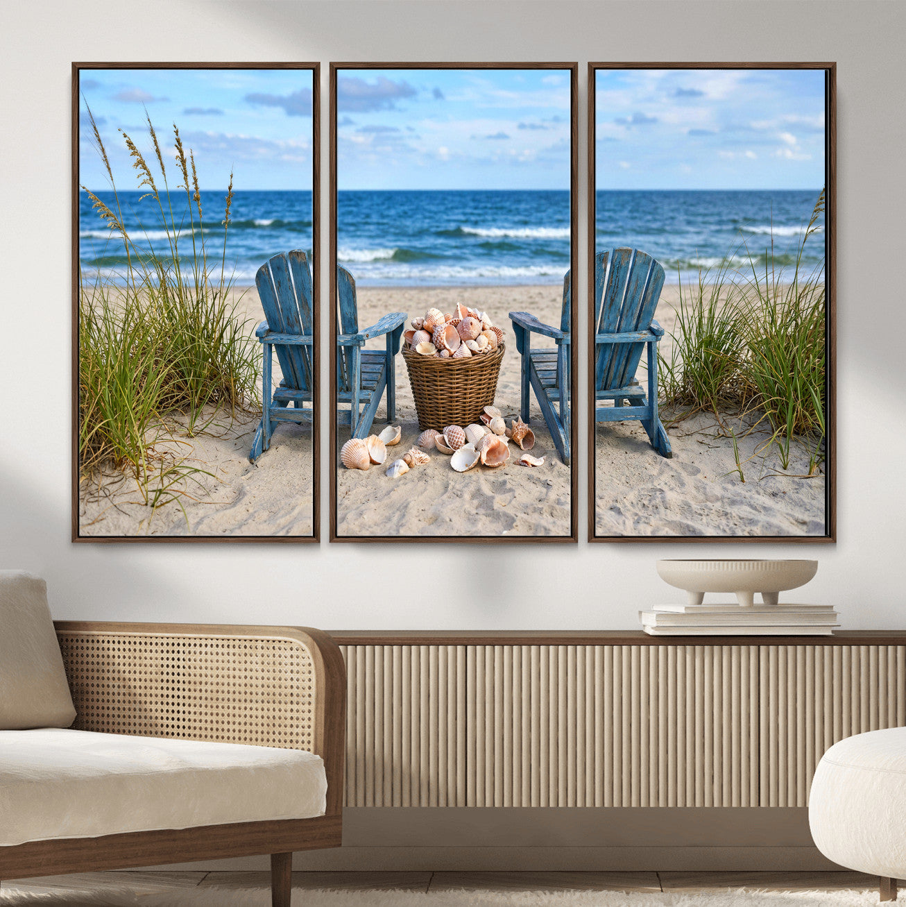 80268829-MGV-CV-36X24 - Large Beach Canvas Wall Art Coastal Adirondack Chairs Ocean Seashells Blue Nautical Framed Large for Living Room Bedroom Bathroom Decor