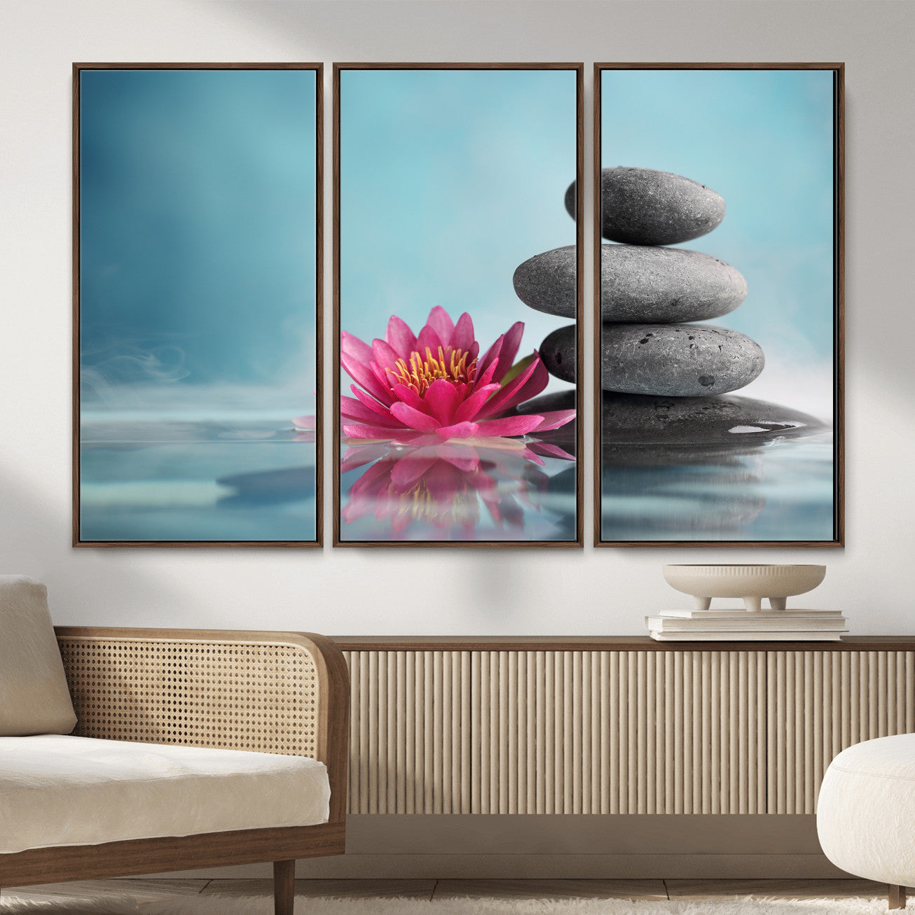 84293154-MGV-CV-36X24 - Zen Canvas Wall Art Lotus Flower Stacked Stones Teal Spa Meditation Relaxation Framed Large for Bathroom Bedroom Living Room Office Decor