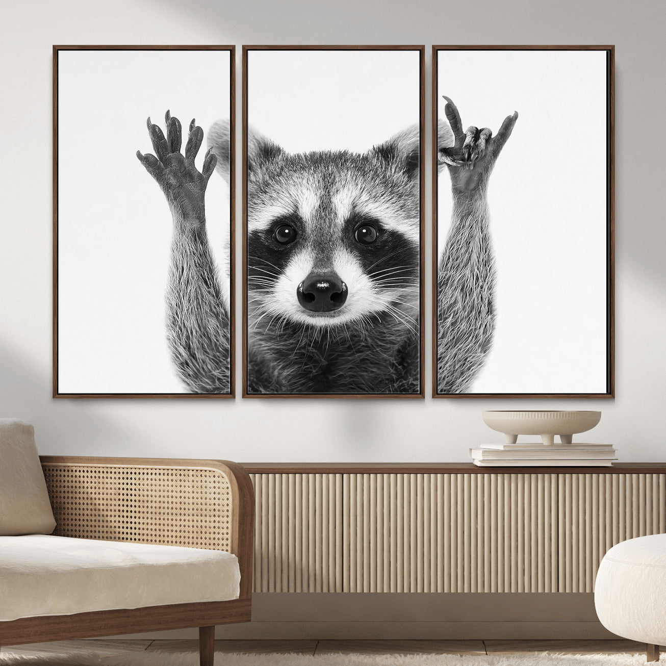 82392228-MGV-CV-36X24 - Funny Raccoon Canvas Wall Art, Black White Hands Up Animal Photo Print, Humorous Wildlife Decor, Kids Room Nursery Art, Quirky Animal Gift
