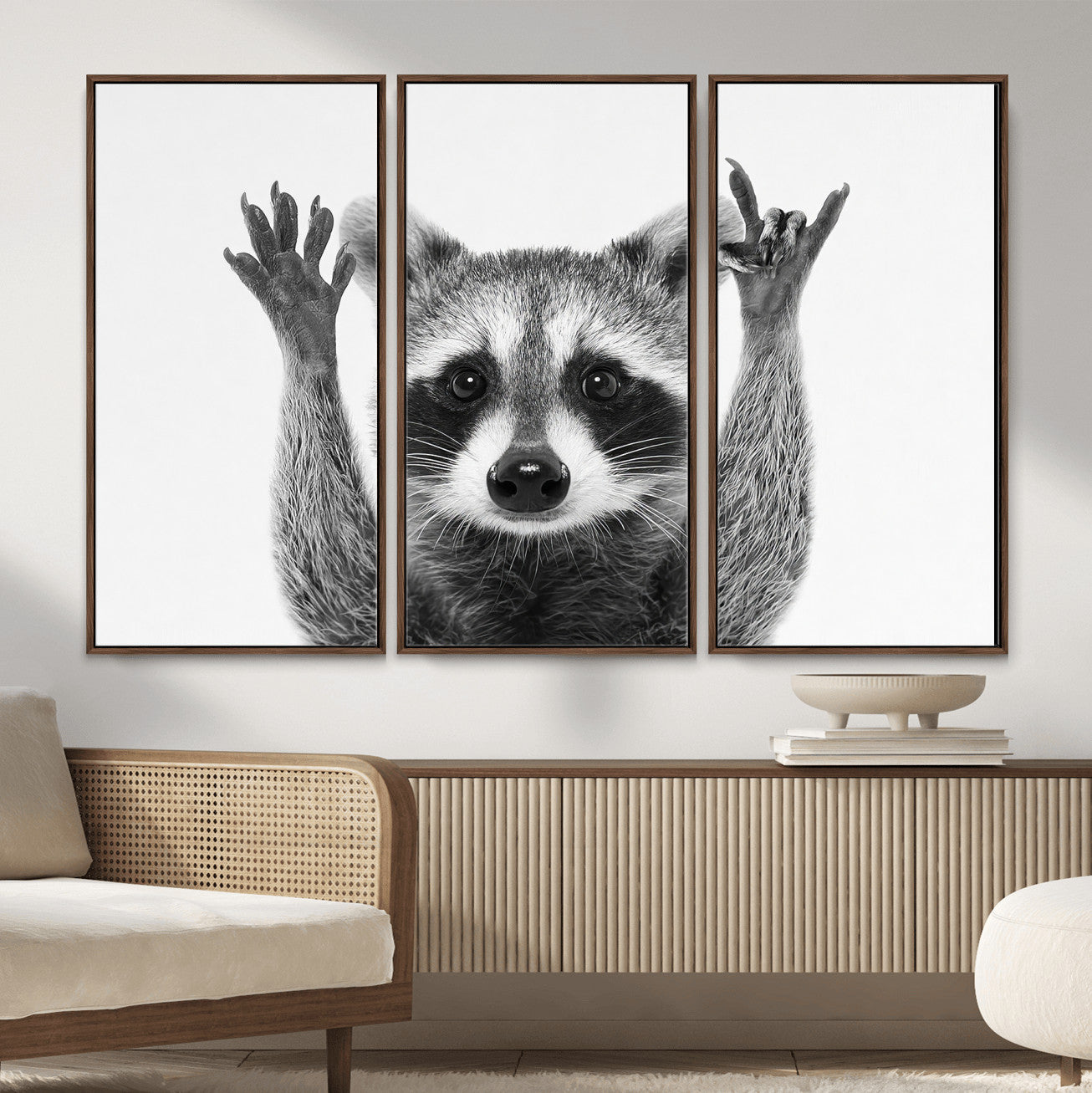 82392228-MGV-CV-36X24 - Funny Raccoon Canvas Wall Art, Black White Hands Up Animal Photo Print, Humorous Wildlife Decor, Kids Room Nursery Art, Quirky Animal Gift