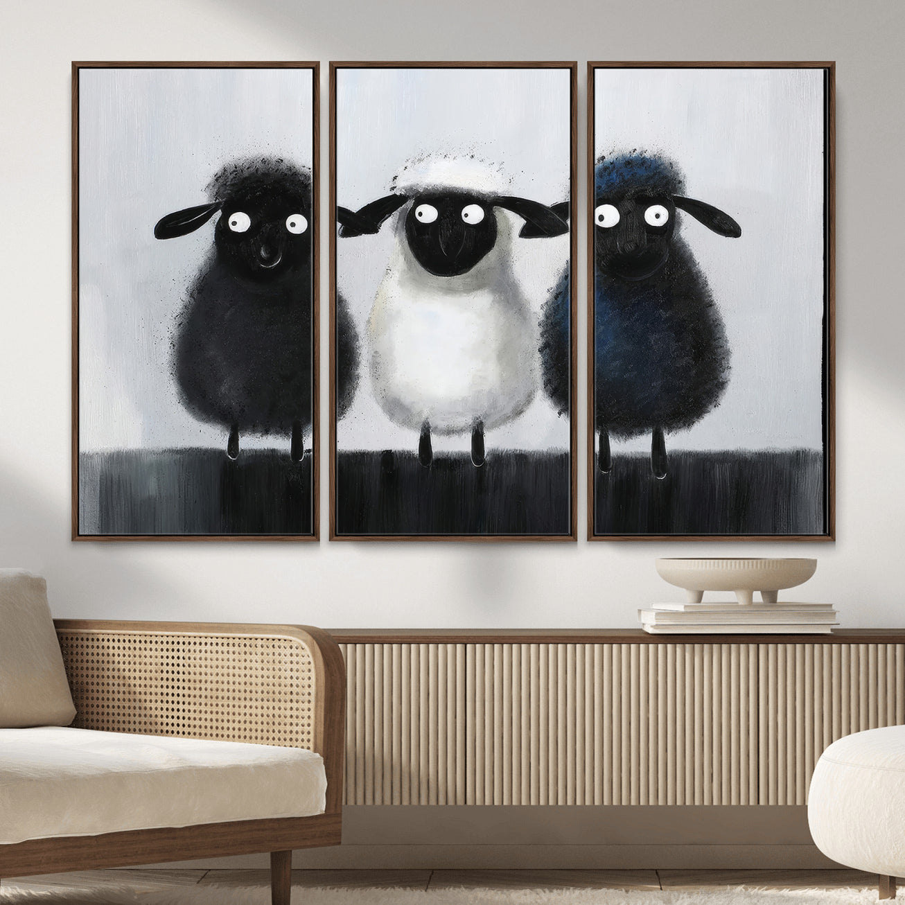 45650028-MGV-CV-36X24 - Funny Sheep Canvas Wall Art, Three Quirky Sheep Painting Print, Cute Animal Nursery Decor, Black White Navy Farmhouse Art, Kids Room Gift