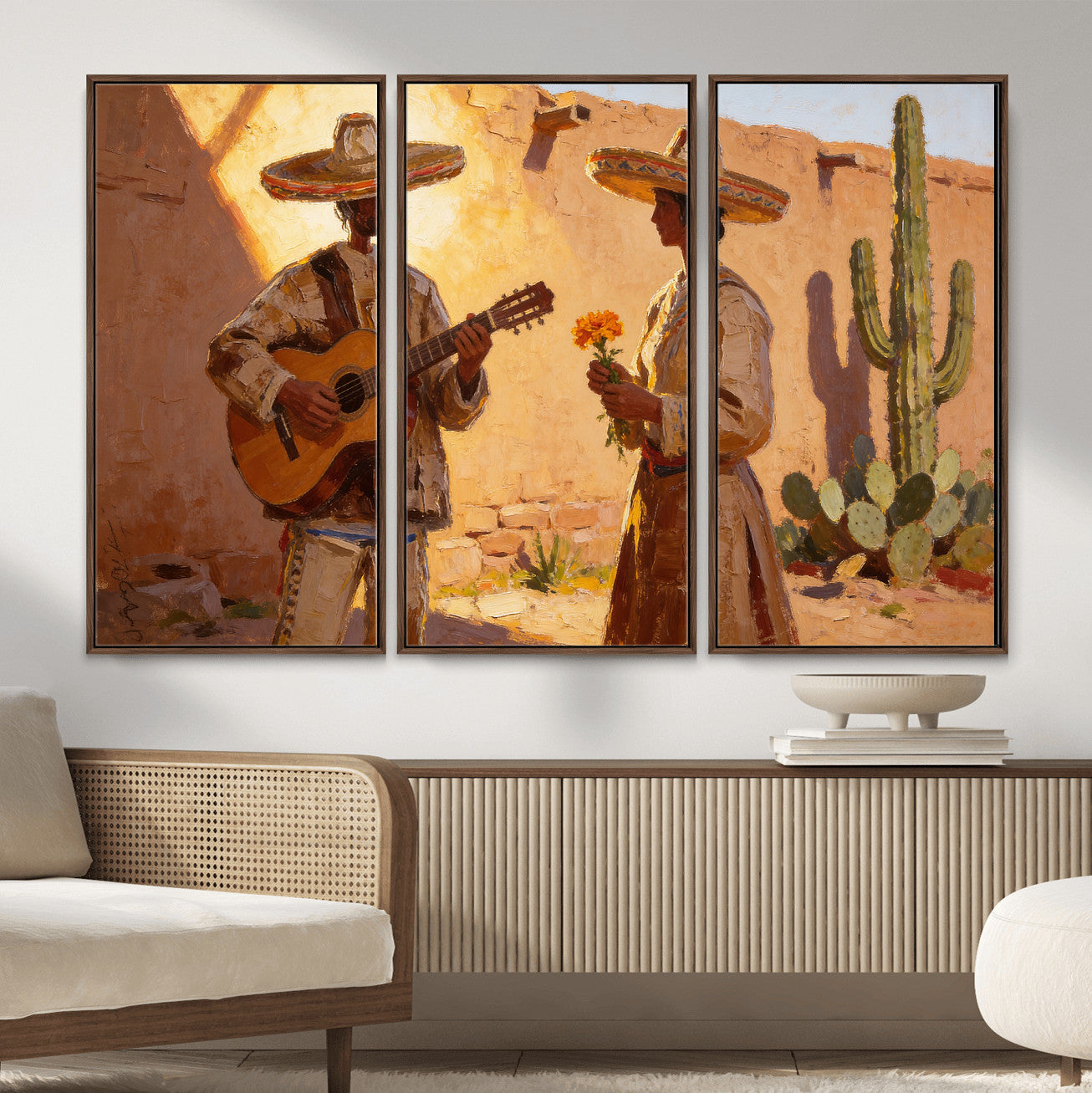 41849005-MGV-CV-36X24 - Mexican Couple Canvas Wall Art, Romantic Serenade Guitar Painting Print, Southwestern Desert Adobe Decor, Warm Golden Folk Art, Living Room Art