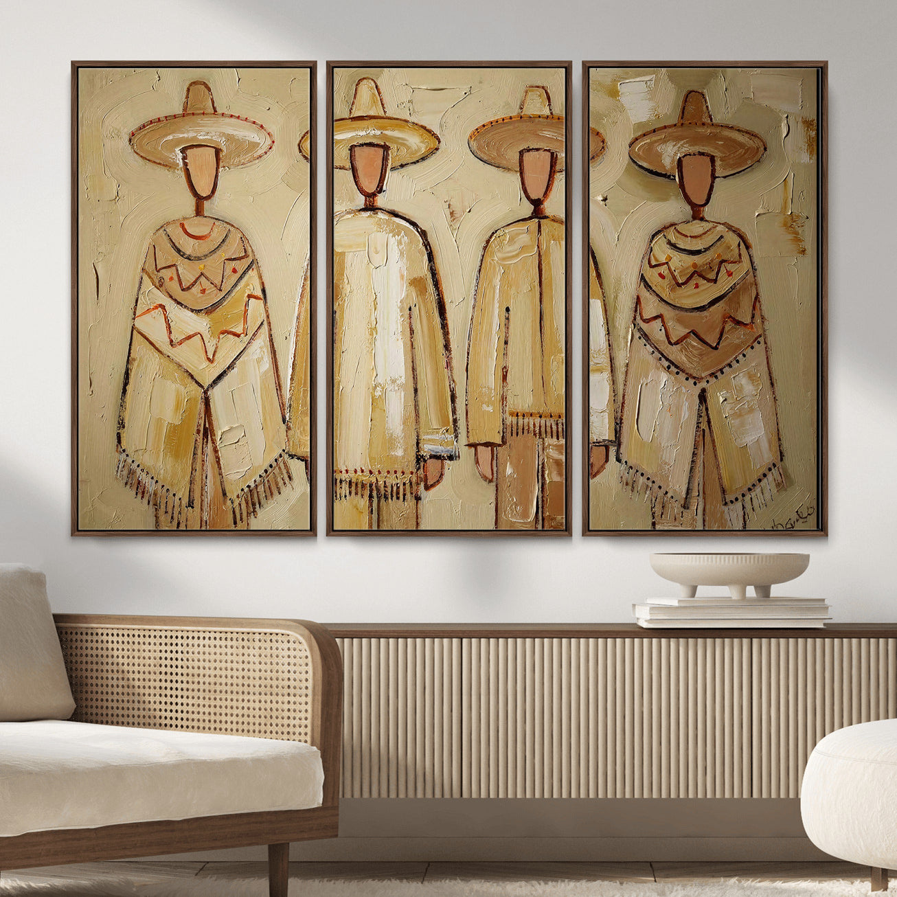 46071653-MGV-CV-36X24 - Mexican Folk Art Canvas Wall Art, Charro Poncho Sombrero Painting Print, Neutral Beige Boho Decor, Southwestern Impasto Style, Living Room Art