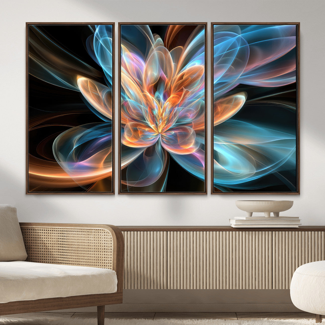91902283-MGV-CV-36X24 - Fractal Lotus Canvas Wall Art, Blue Orange Glowing Flower Abstract Print, Modern Zen Meditation Room Decor, Ethereal Digital Art, Living Room