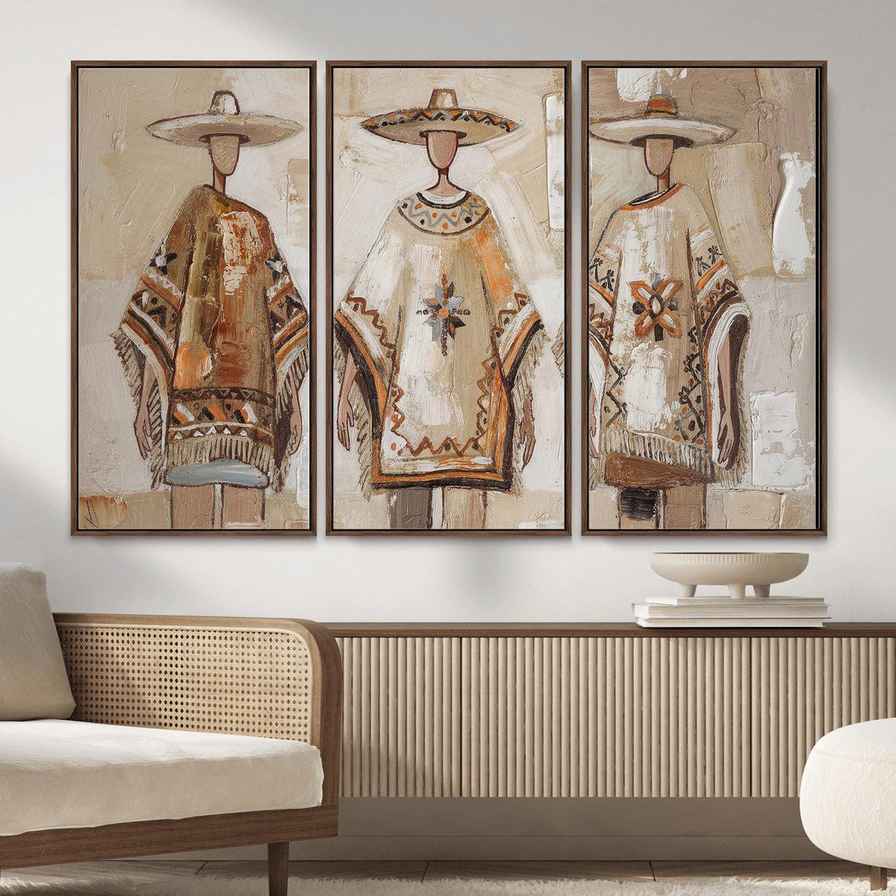 85373290-MGV-CV-36X24 - Mexican Folk Art Canvas Wall Art, Charro Poncho Sombrero Painting Print, Neutral Beige Boho Decor, Southwestern Impasto Style, Living Room Art
