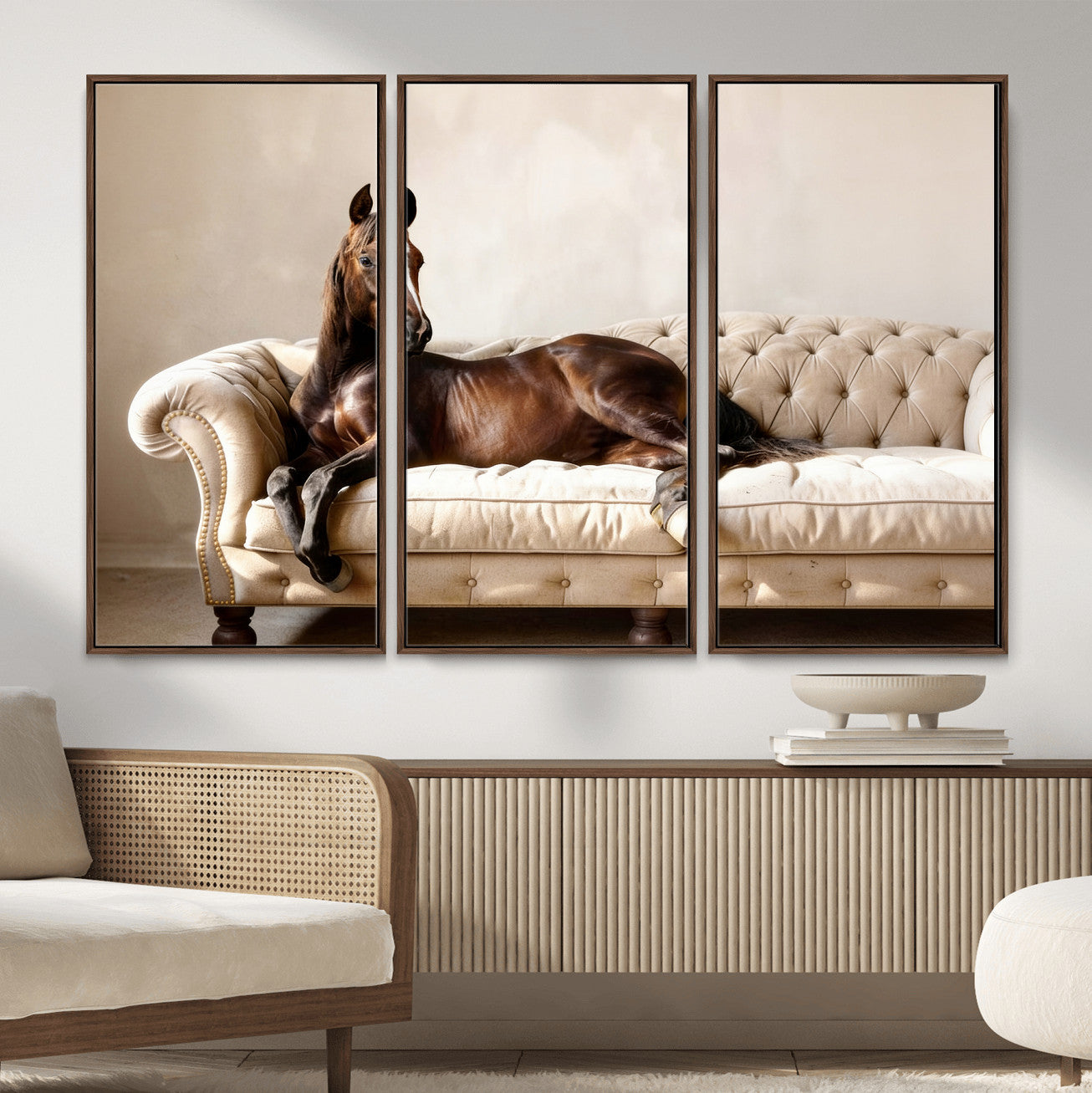 17716841-MGV-CV-36X24 - Funny Horse on Sofa Canvas Wall Art, Quirky Horse Lounging Photo Print, Whimsical Animal Decor, Living Room Conversation Art, Horse Lover Gift