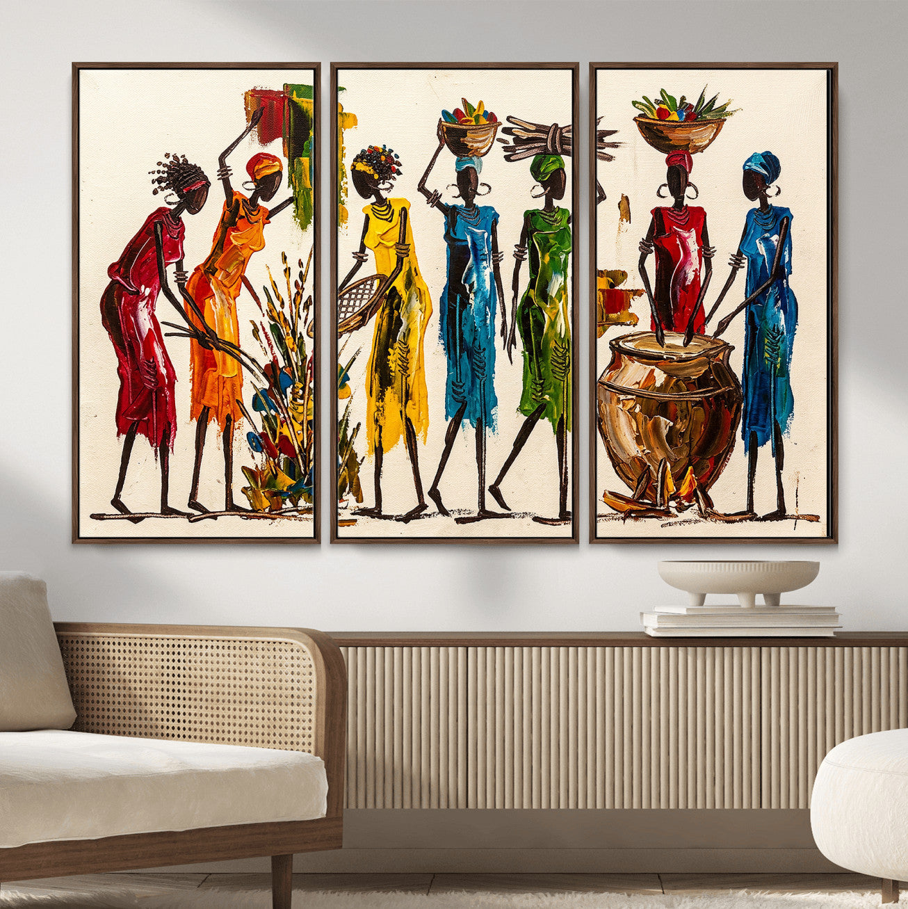 83463154-MGV-CV-36X24 - African Folk Art Canvas Wall Art, Colorful African Women Village Painting Print, Tribal Ethnic Home Decor, Vibrant African Art, Living Room