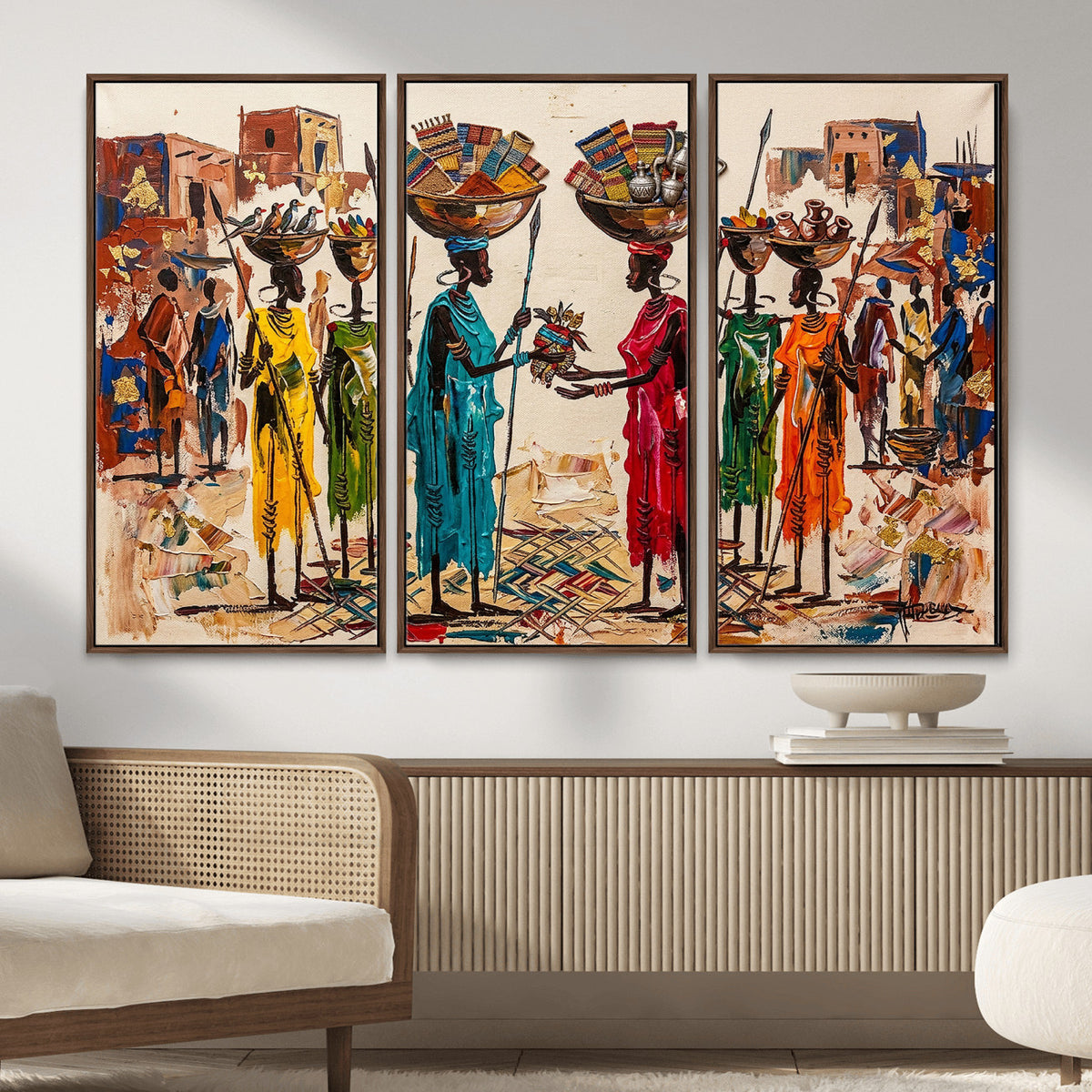 54818657-MGV-CV-36X24 - African Folk Art Canvas Wall Art, Colorful African Women Village Painting Print, Tribal Ethnic Home Decor, Vibrant African Art, Living Room